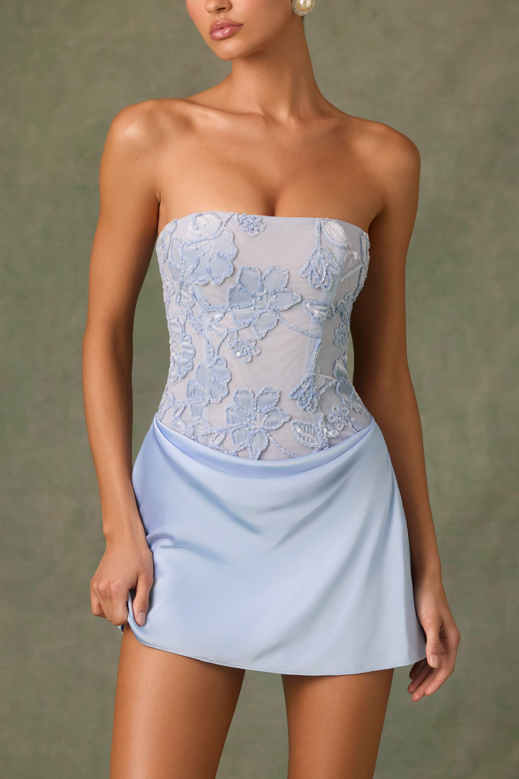 Eden-Embellished Draped Strapless A-Line Mini Dress in Sky Blue