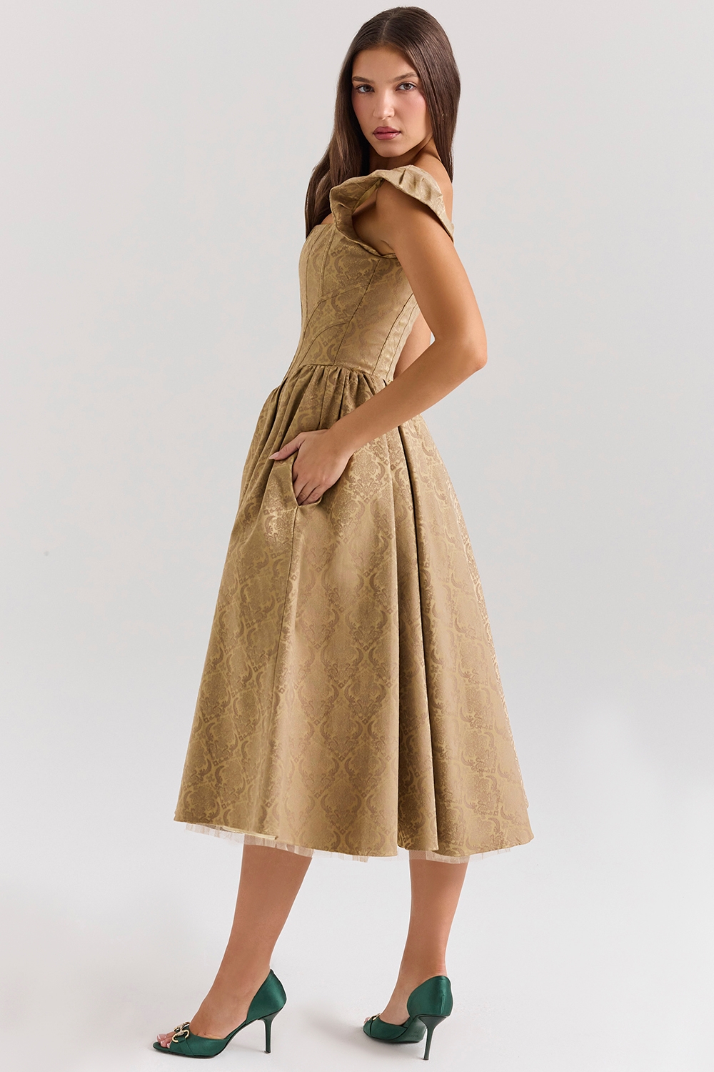 Alessandra-Gold Jacquard Midi Dress with Detachable Bow - SALE