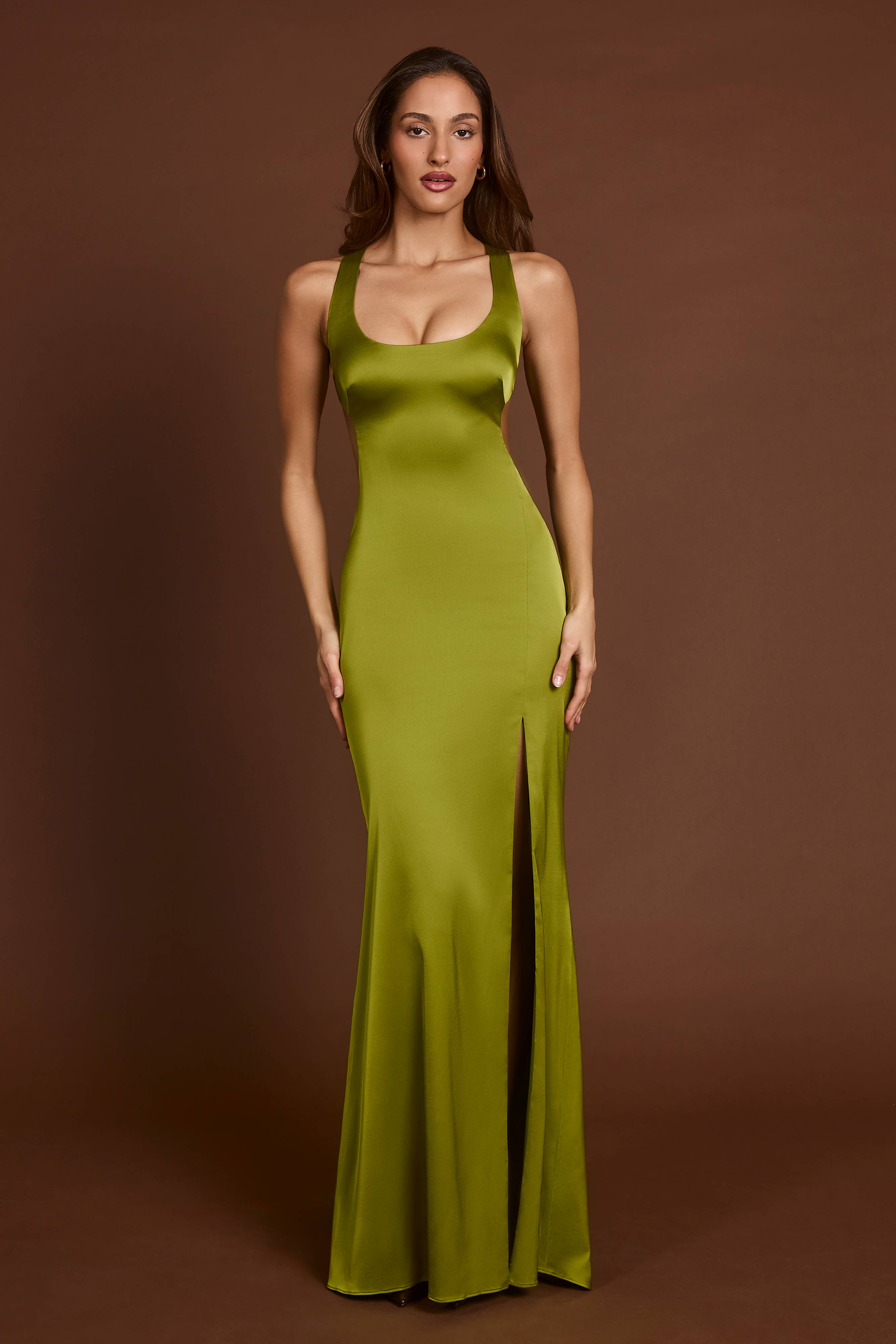 Vittoria-Scoop-Neck Lace-up Back Maxi Dress in Olive Green