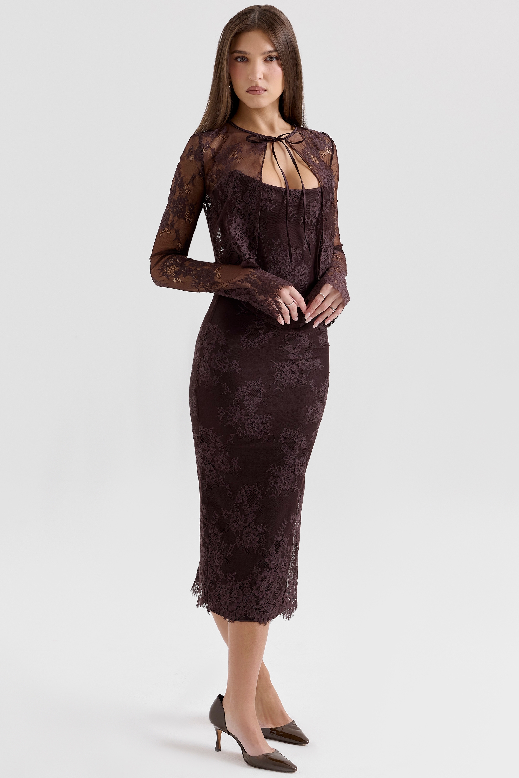 Larra-Bitter Chocolate Lace Corset Midi Dress & Bolero