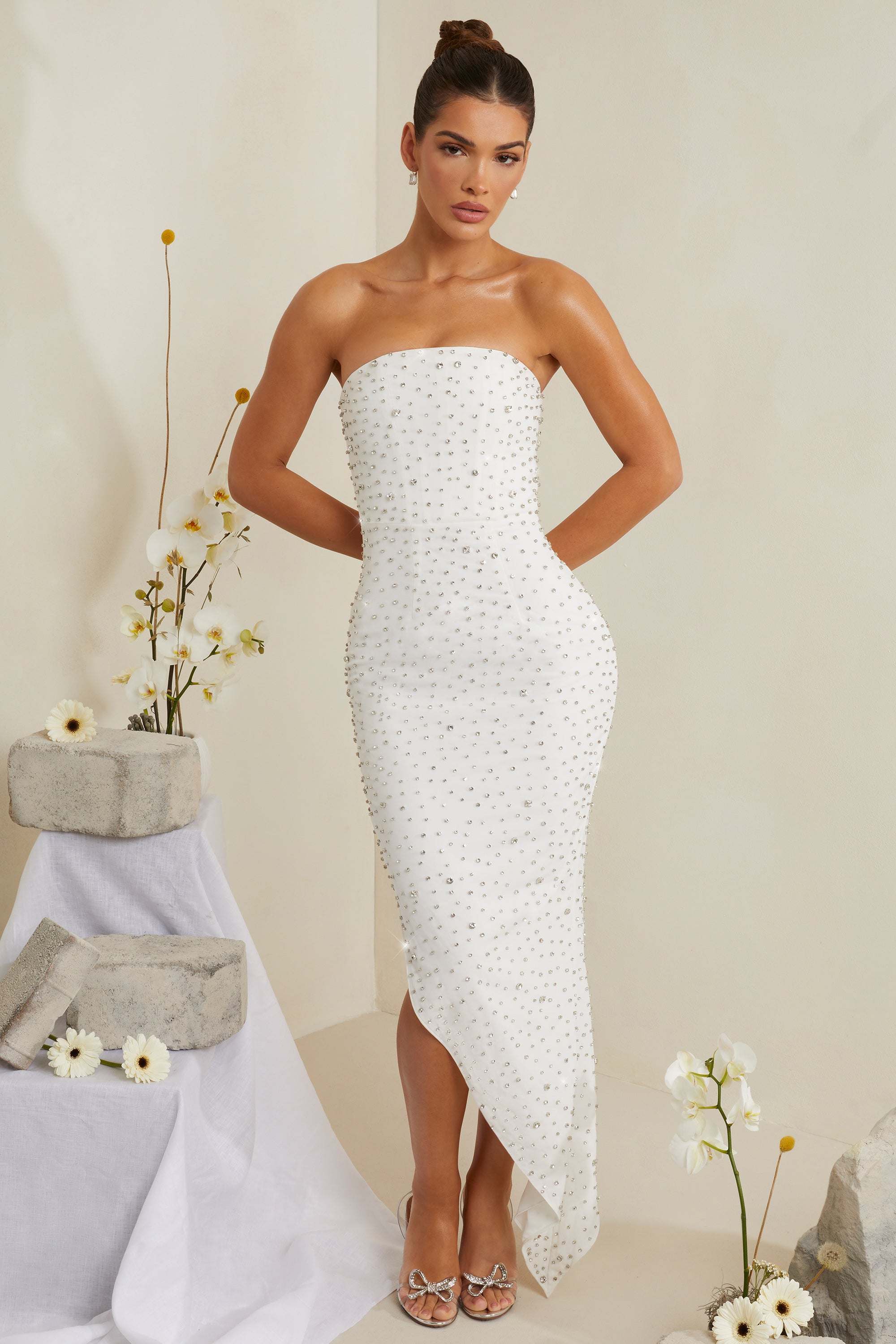Vivica-Hand Embellished Asymmetric Midi Dress in White