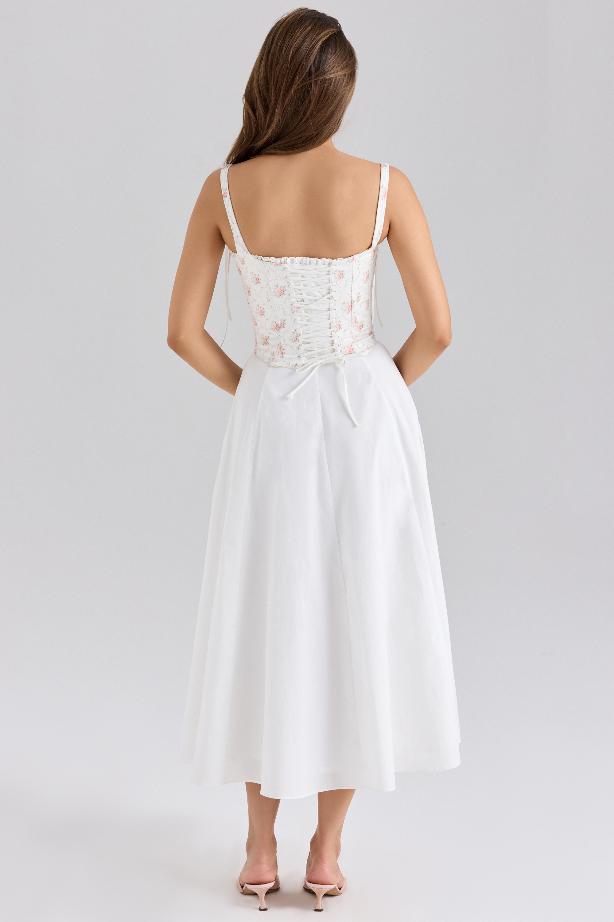 Clarabelle-Rose Print Cotton Detachable Corset Midi Sundress