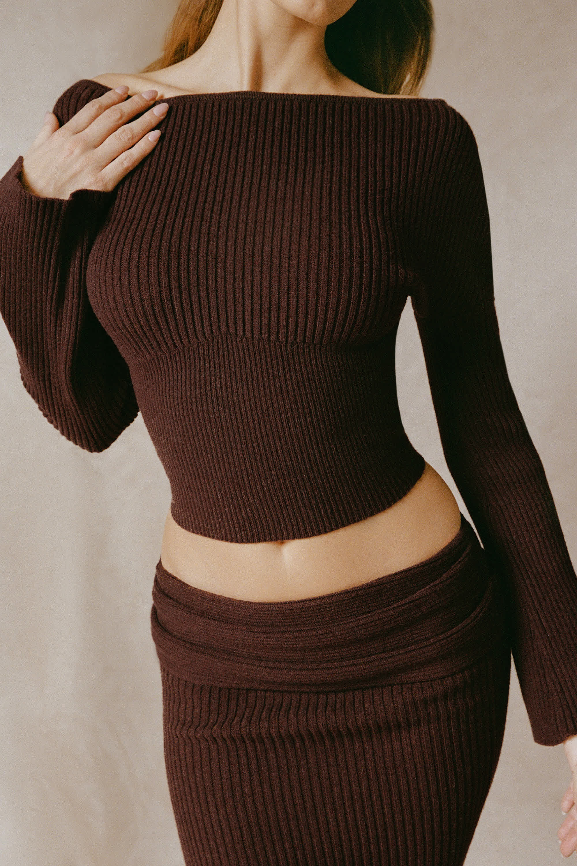 Wilona-Ribbed-Knit Slash-Neck Top in Espresso