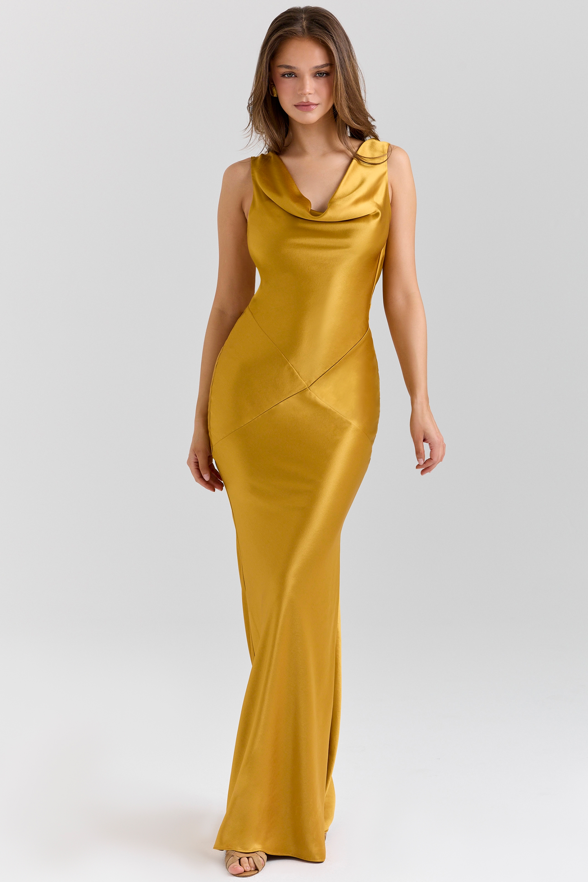 Safaira-Amber Satin Draped Cowl Neck Maxi Dress