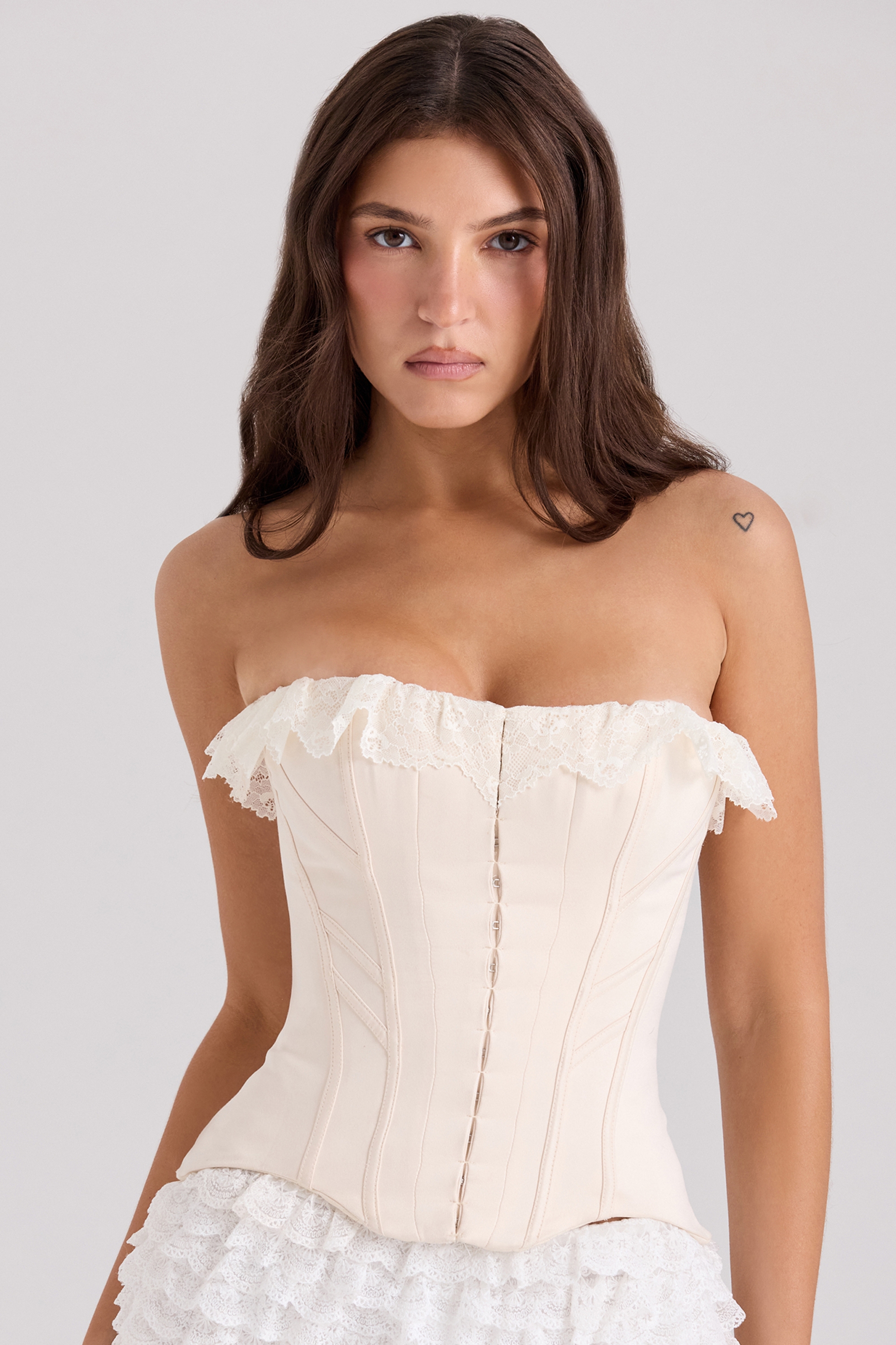 Idella-Cream Satin Lace Trim Corset Top