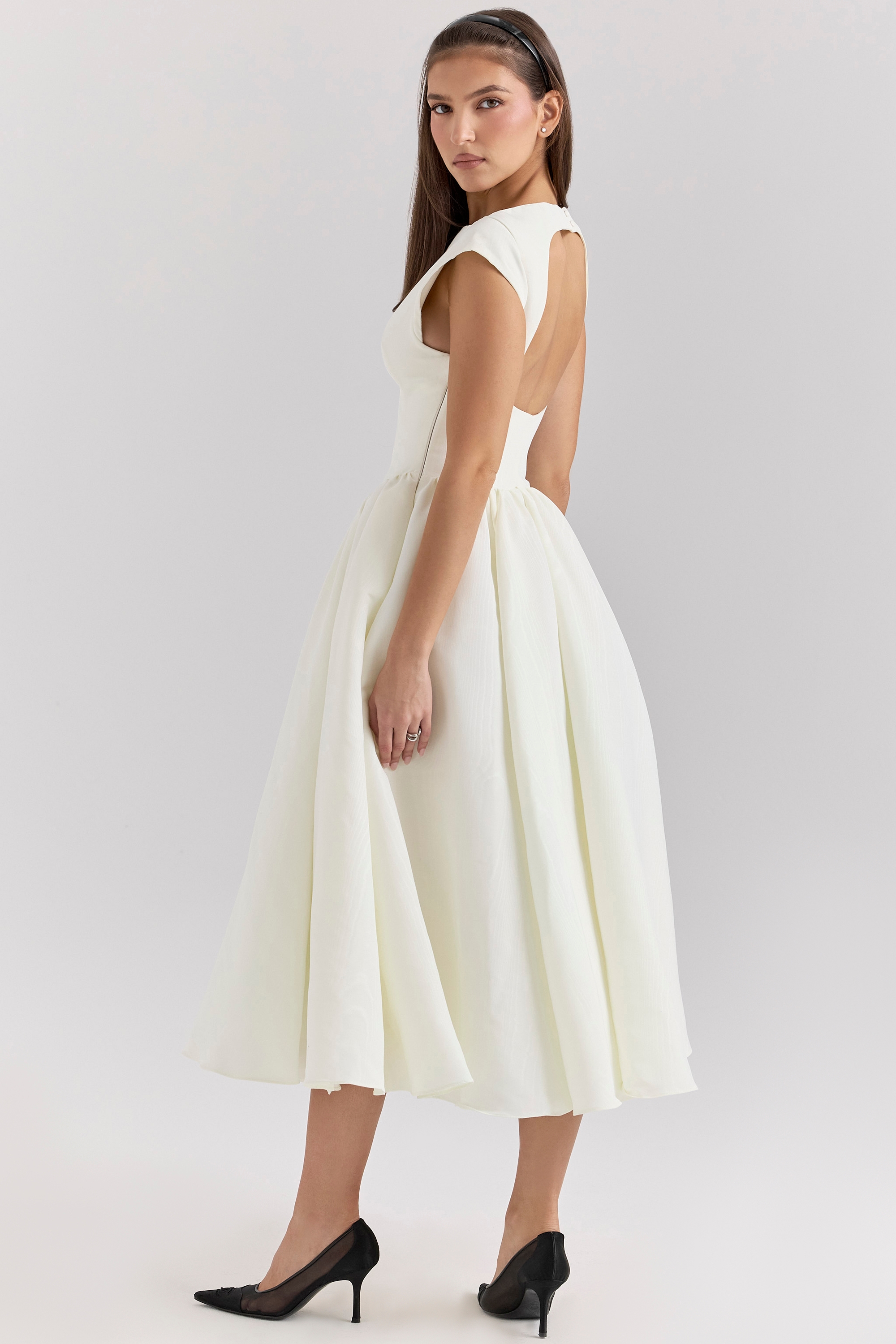 Debutante-Ivory Moire Satin Midi Dress