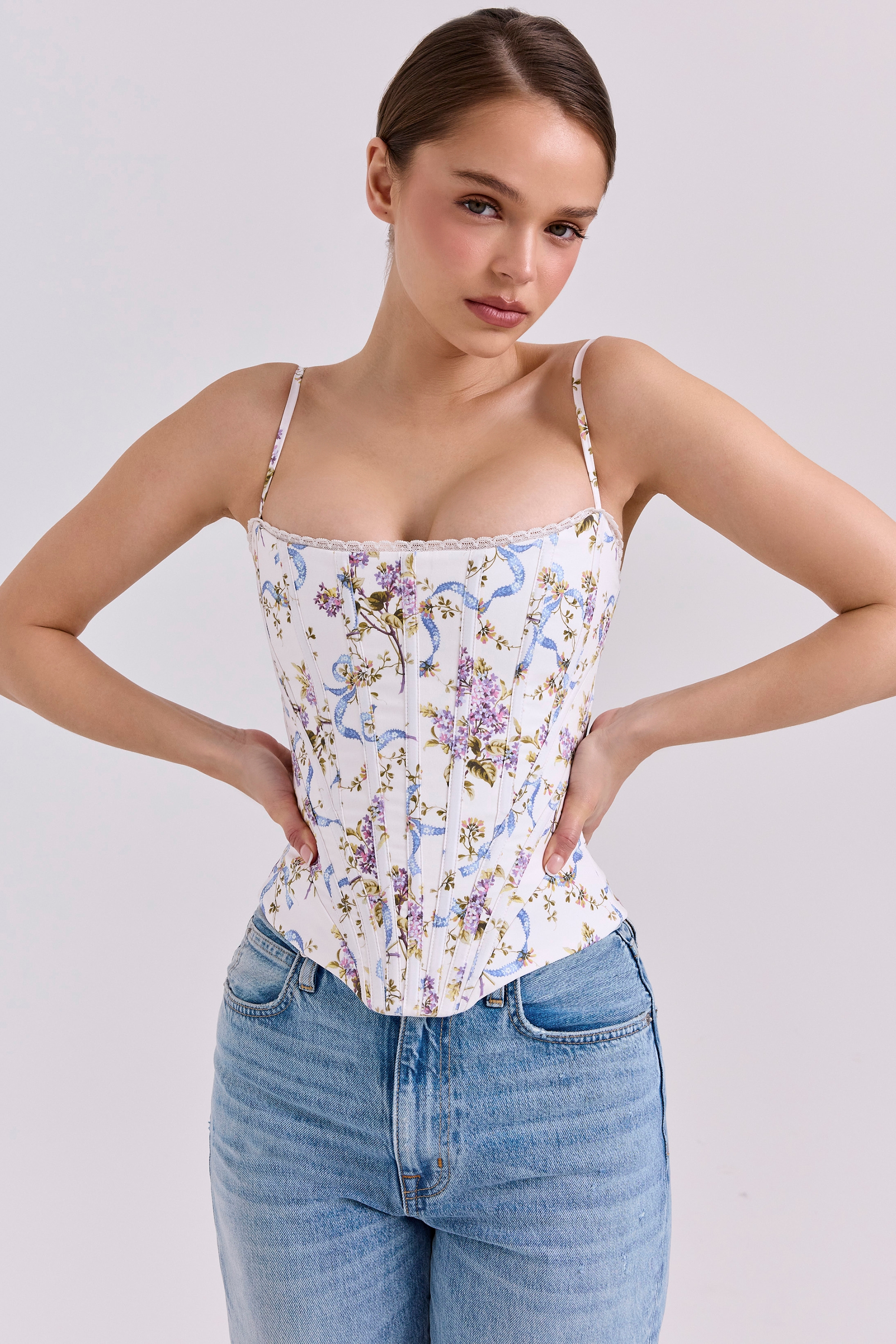 Cadie-White Floral Ribbon Print Cotton Corset Top