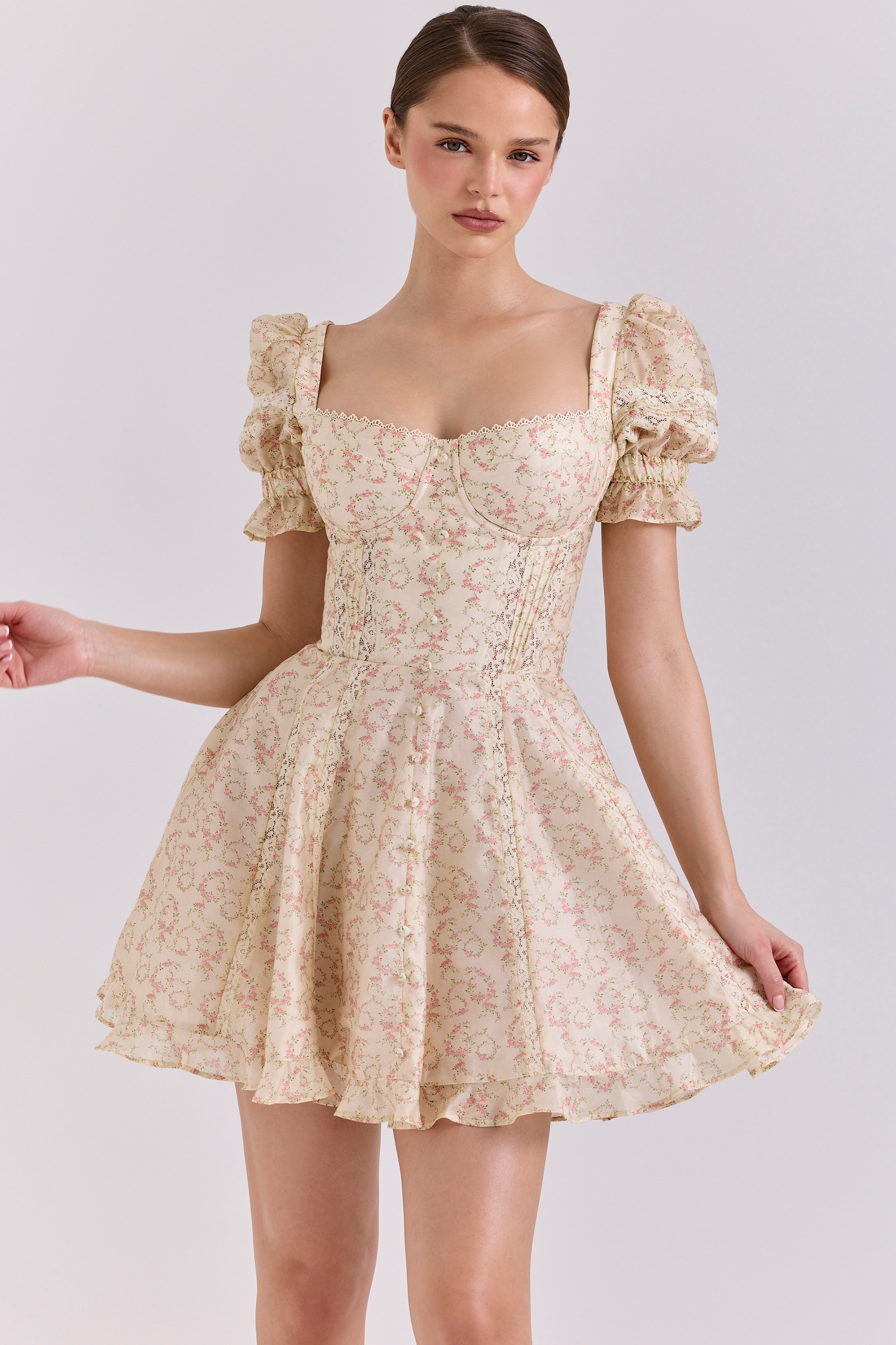 Melita-Cream Floral Print Chiffon Puff Sleeve Mini Dress