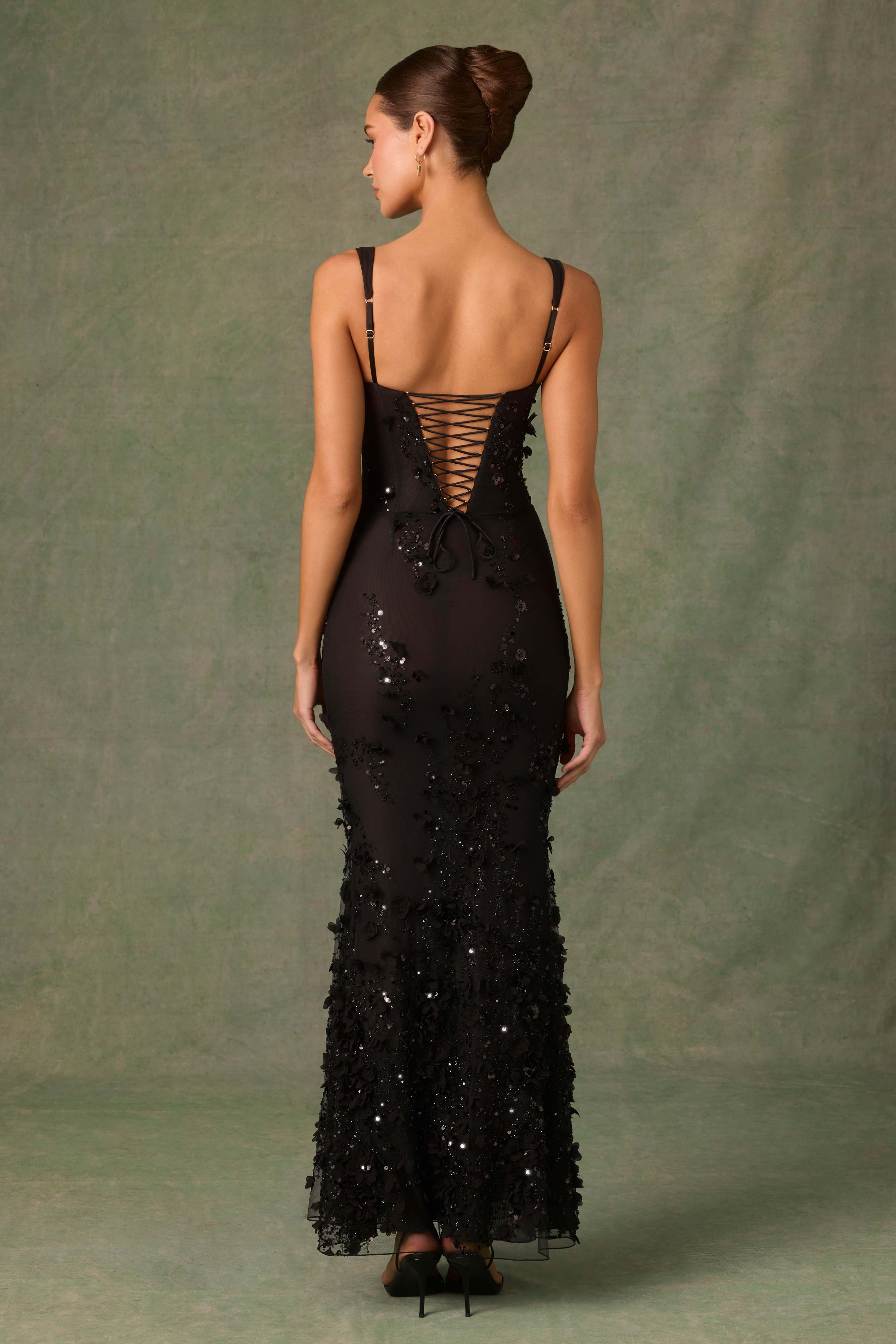 Vasanta-Embellished Fishtail Corset Gown in Black