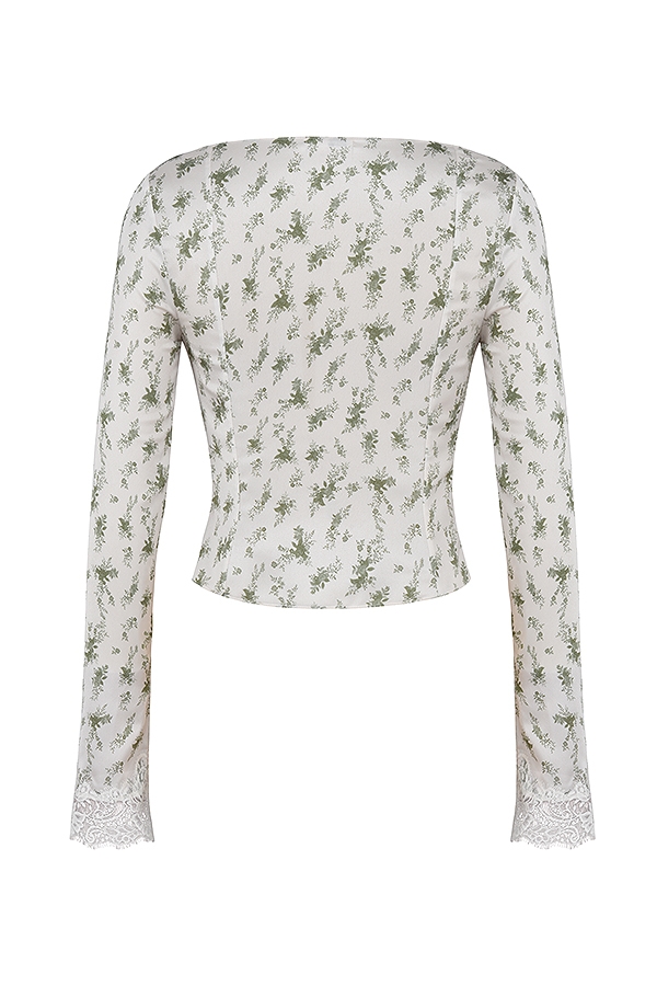 Clarissa-Garden Print Lace Trim Top