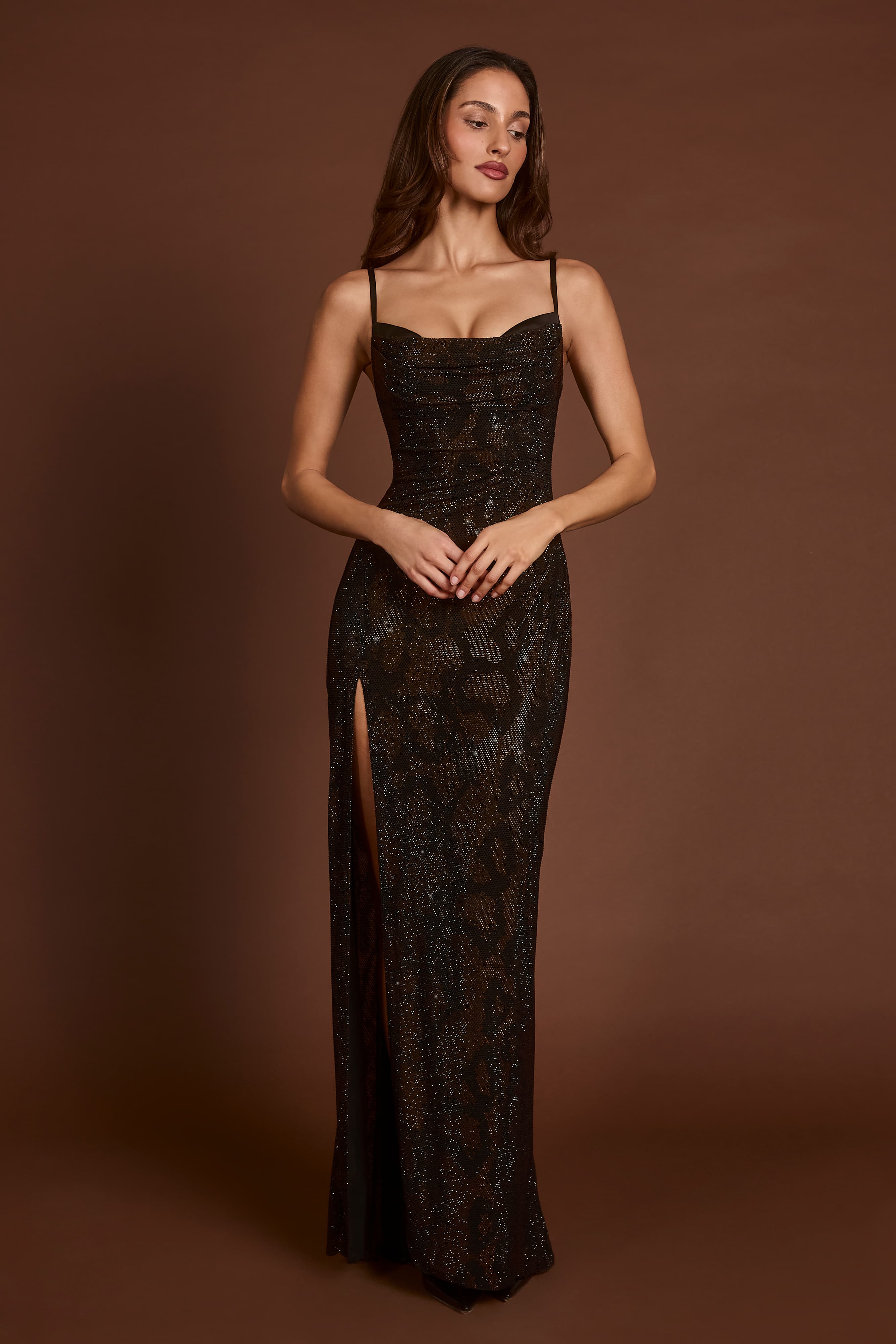 Velia-Embellished Peekaboo Cowl-Neck Dress in Brown Snake