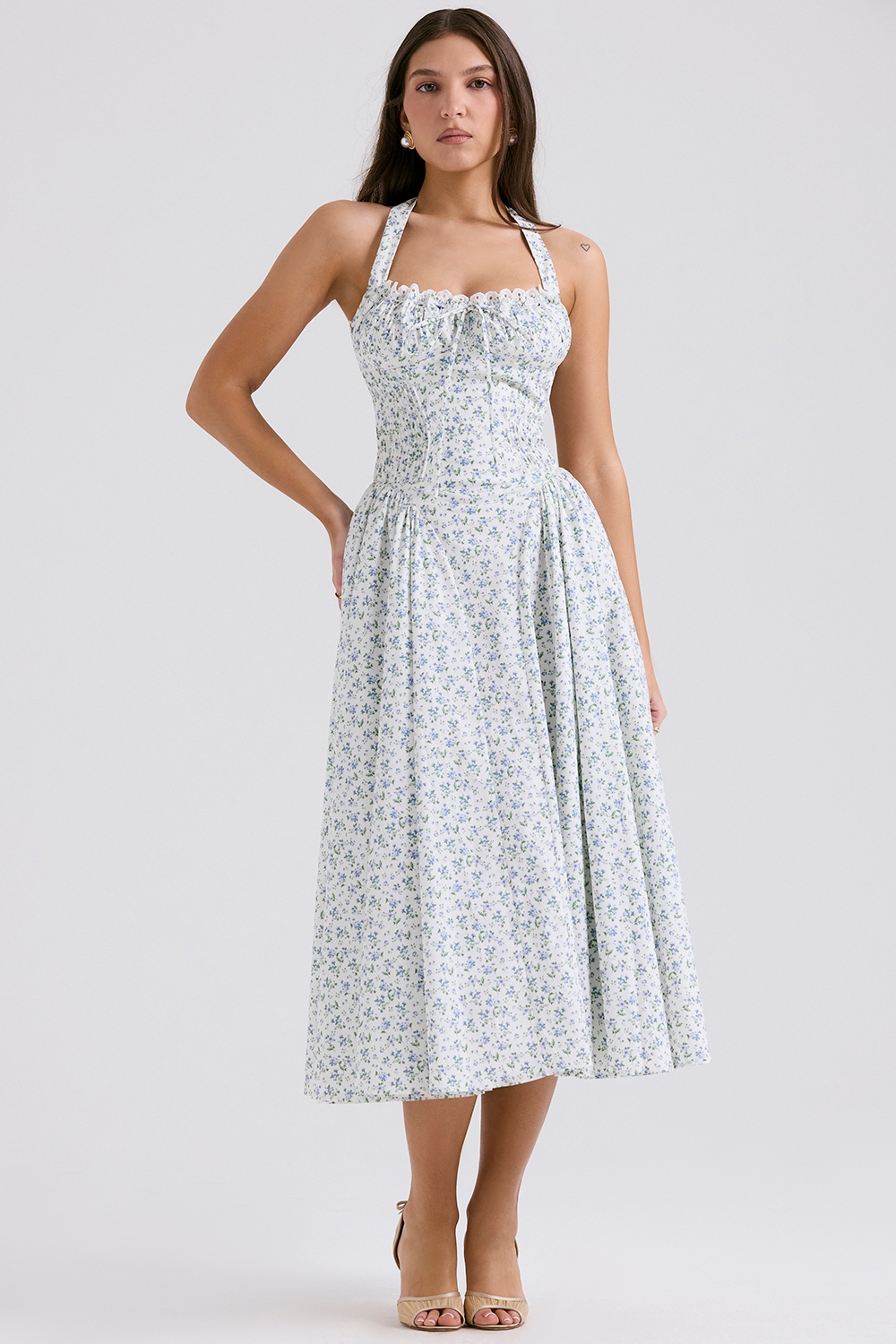 Adabella-White Bluebell Print Cotton Halter Sundress
