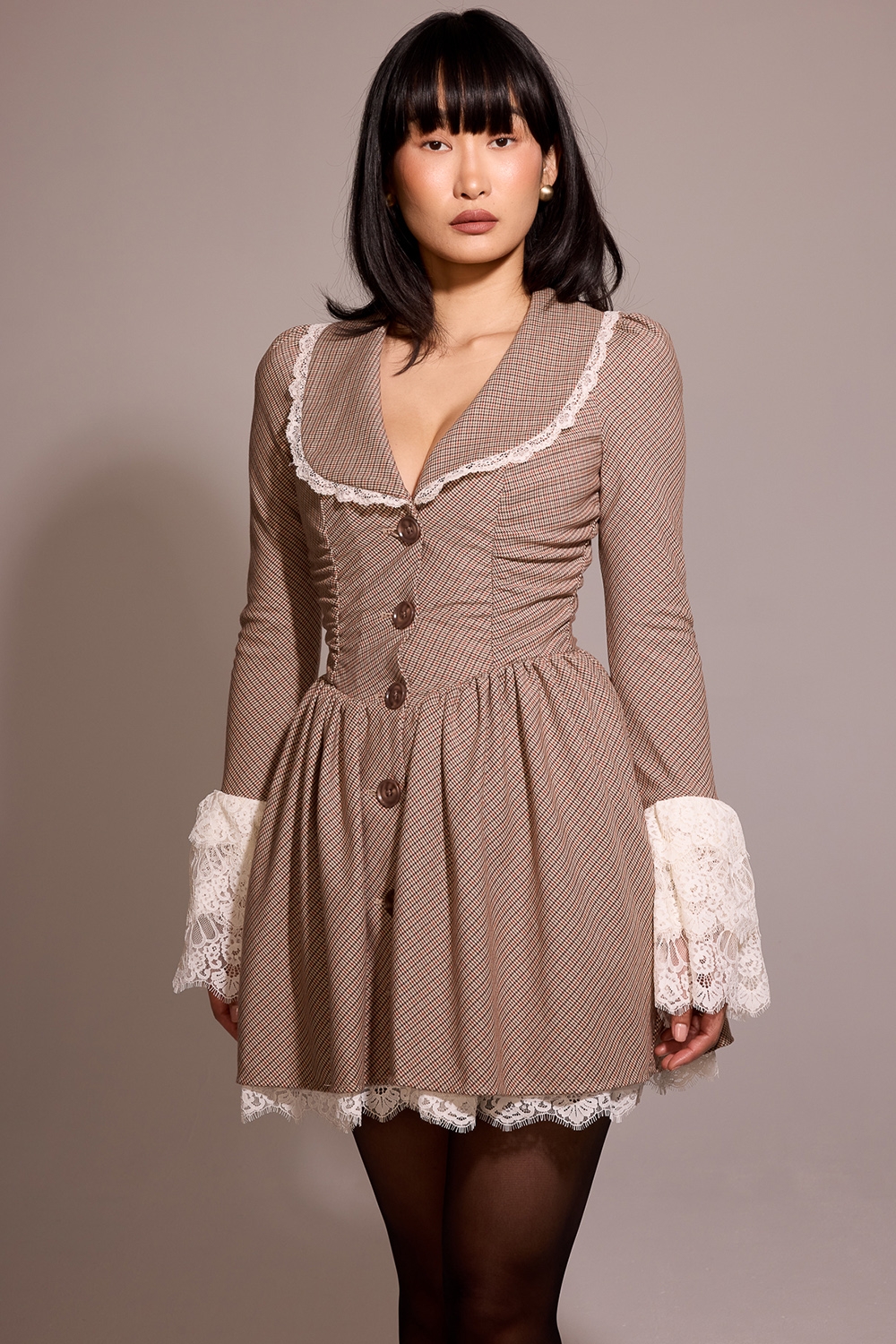 Sable-Brown Puppytooth Check Mini Dress - SALE