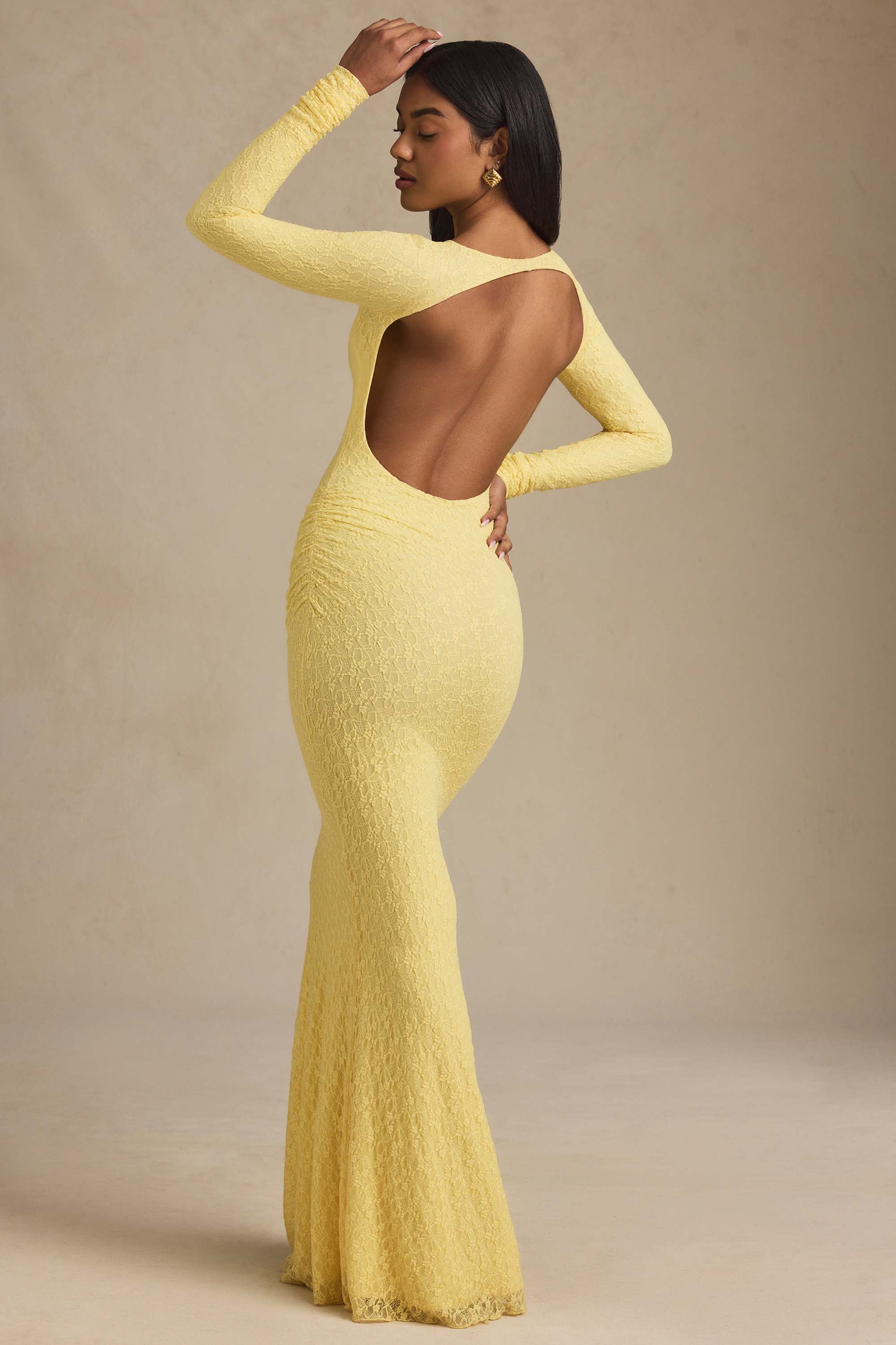 Tarini-Ruched Backless Lace Maxi Dress in Pastel Yellow