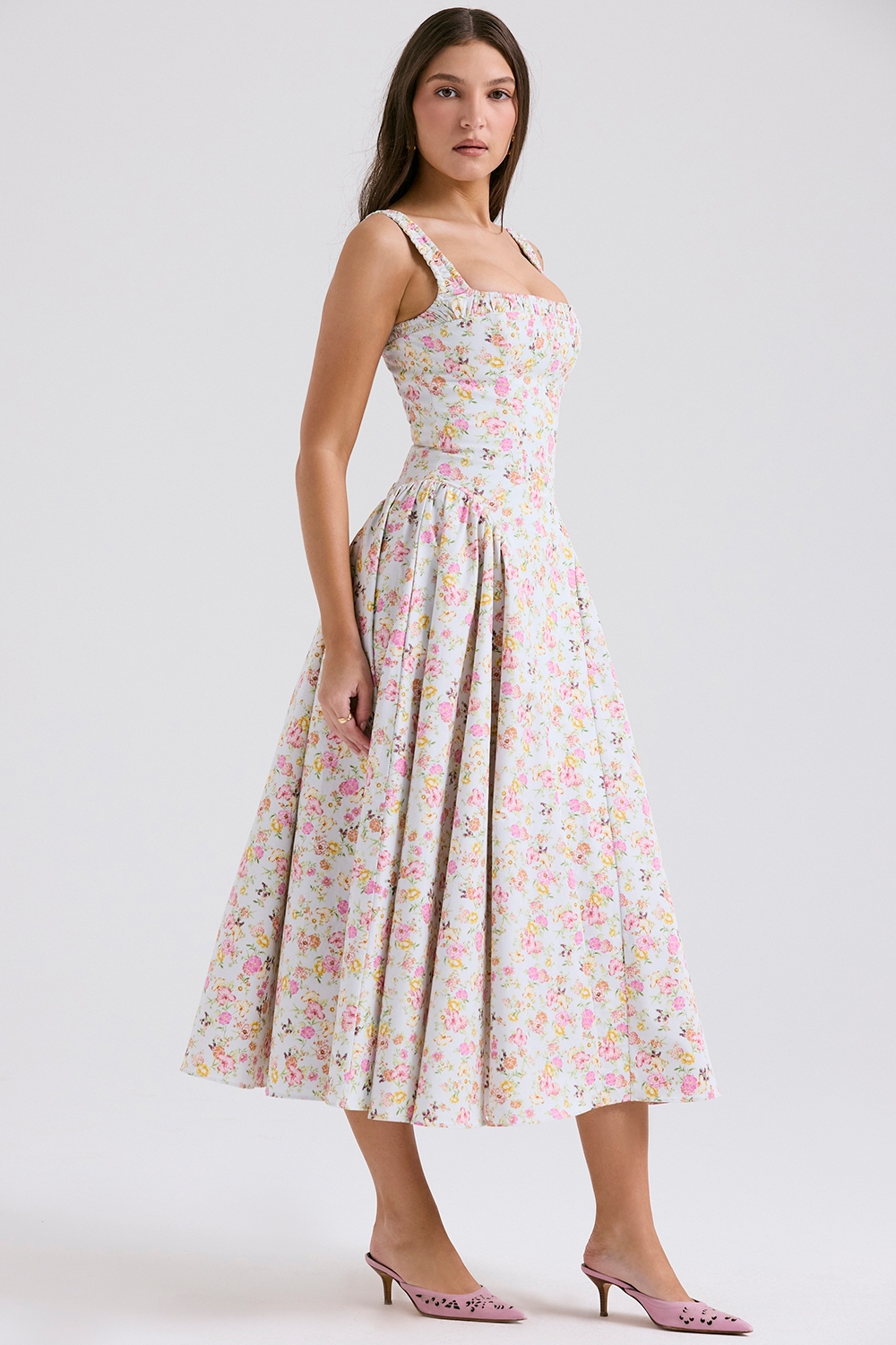Dorothy-Pale Blue Meadow Print Cotton Midi Sundress