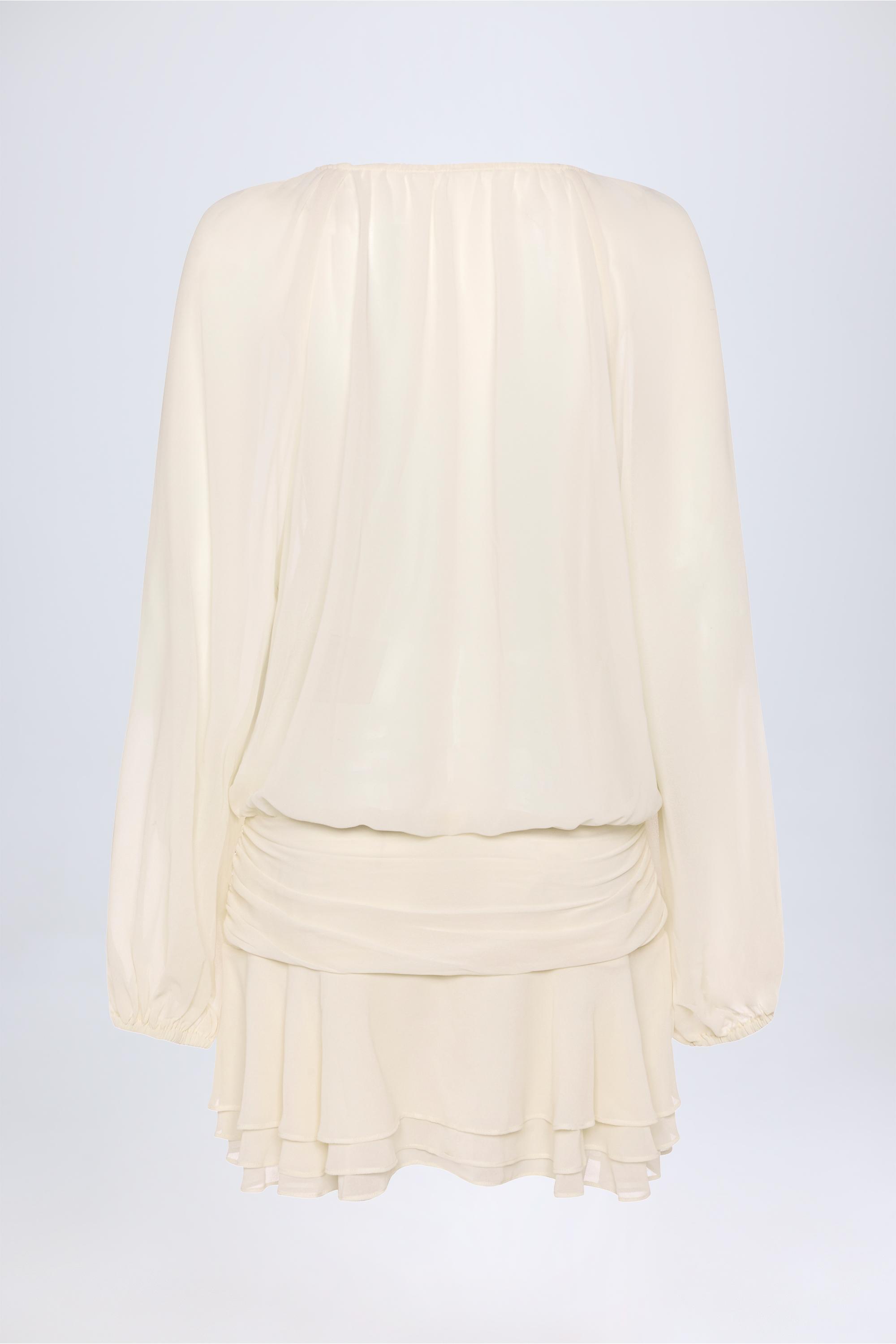 Avalon-Lace-Up Balloon-Sleeve Mini Dress in Ivory