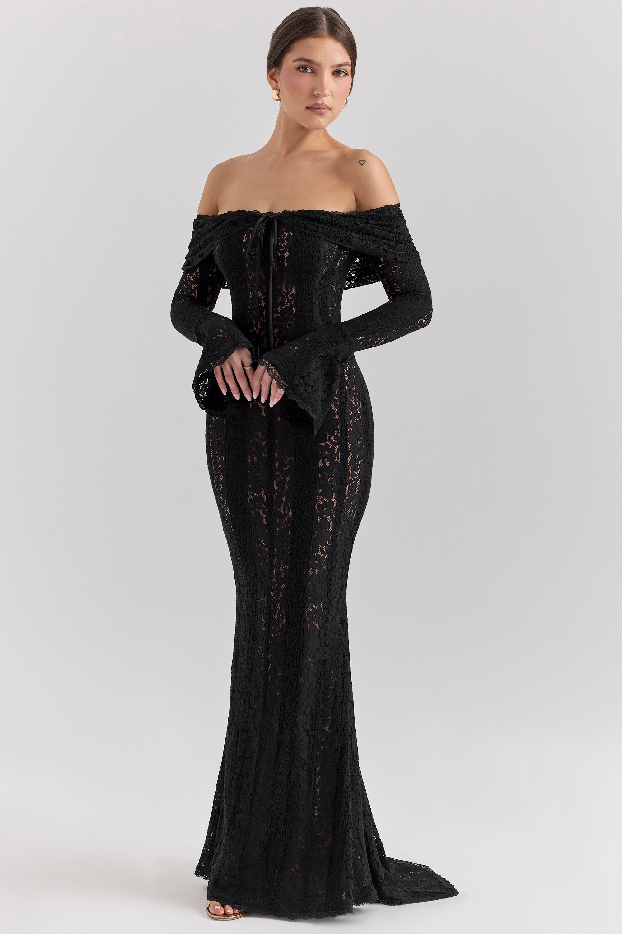 Belle-Black Off Shoulder Floral Lace Maxi Dress