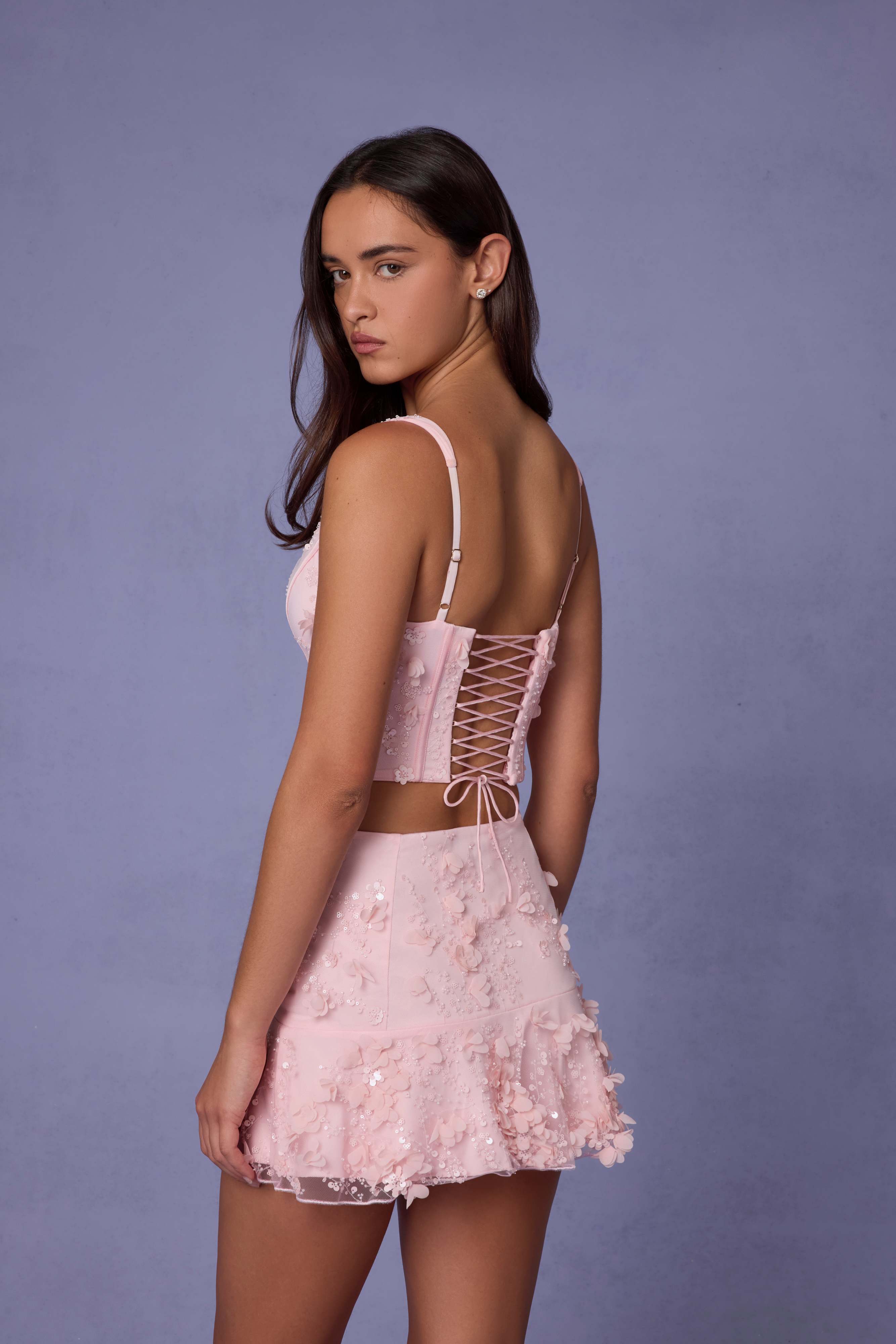 Lorelei-Embellished Mid-Rise A-Line Mini Skirt in Soft Pink