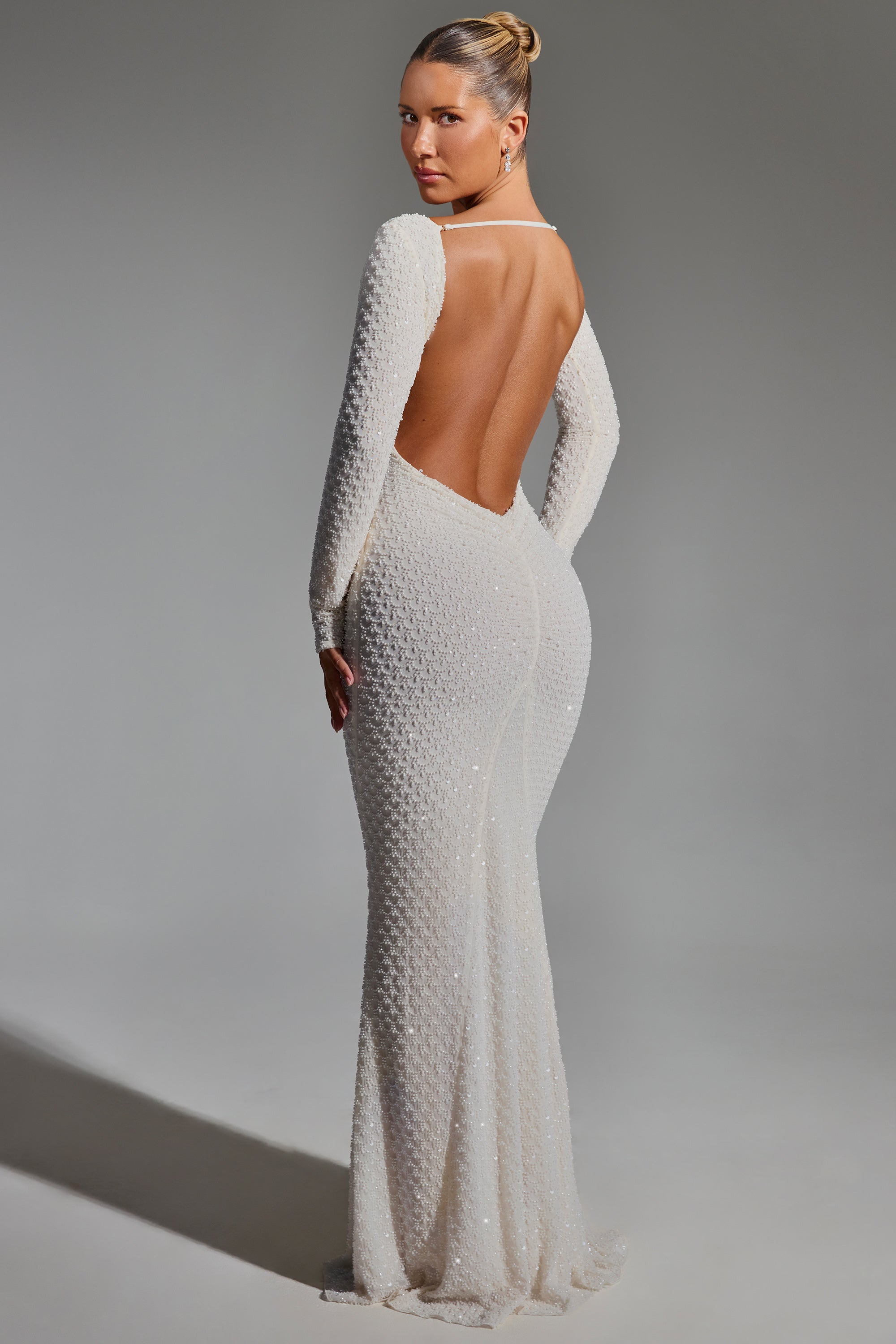 Jailene-Embellished Open-Back Gown in White