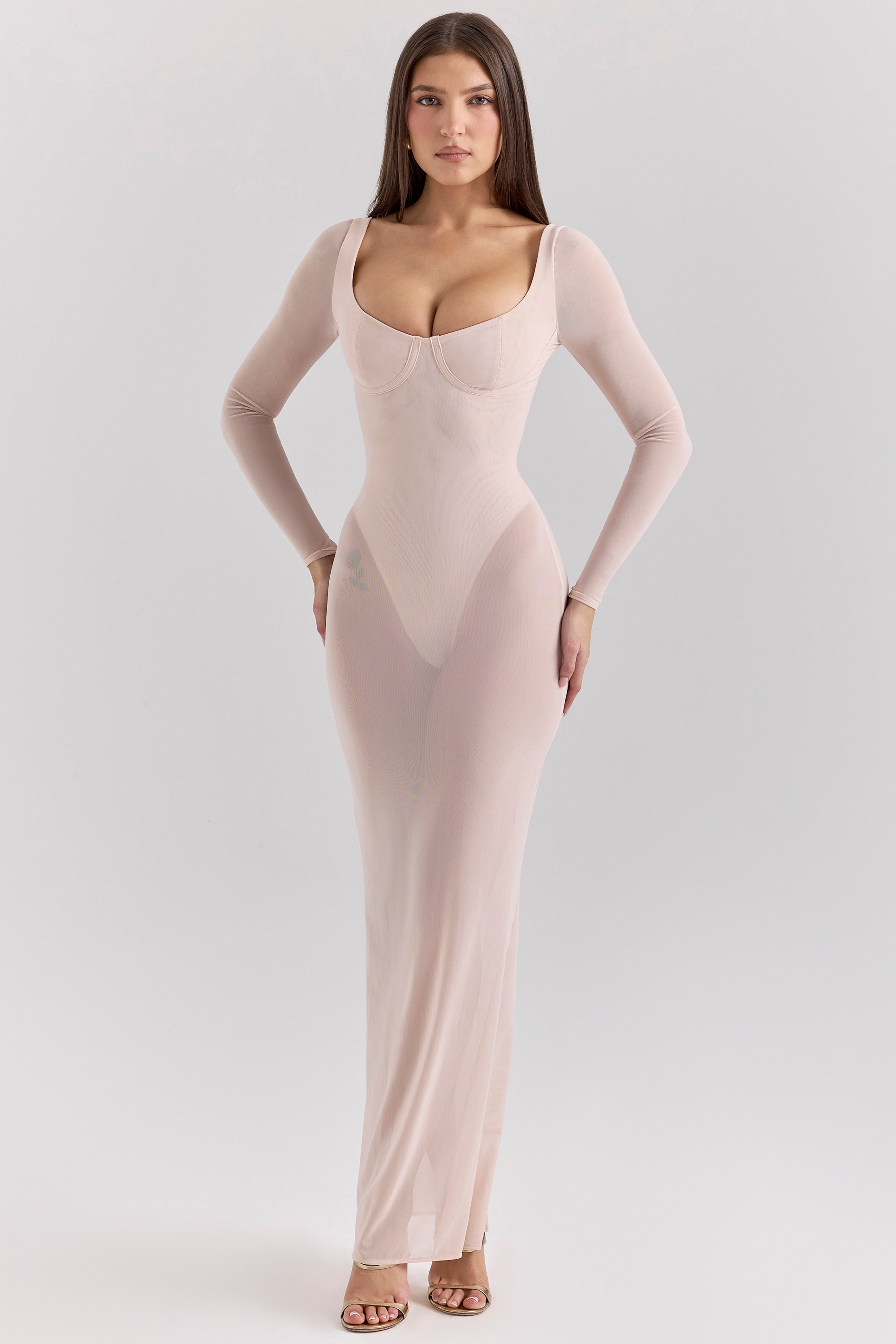 Everly-Blush Mesh Maxi Dress with Bodysuit