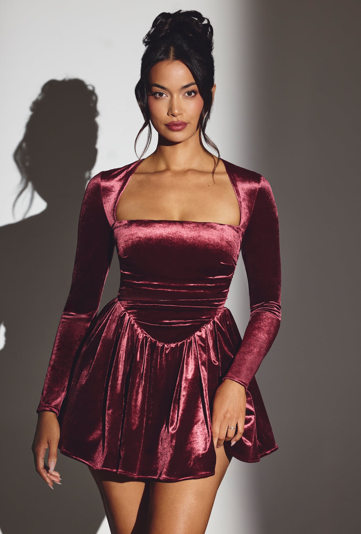 Tera-Velvet Long Sleeve Corset Mini Dress in Wine
