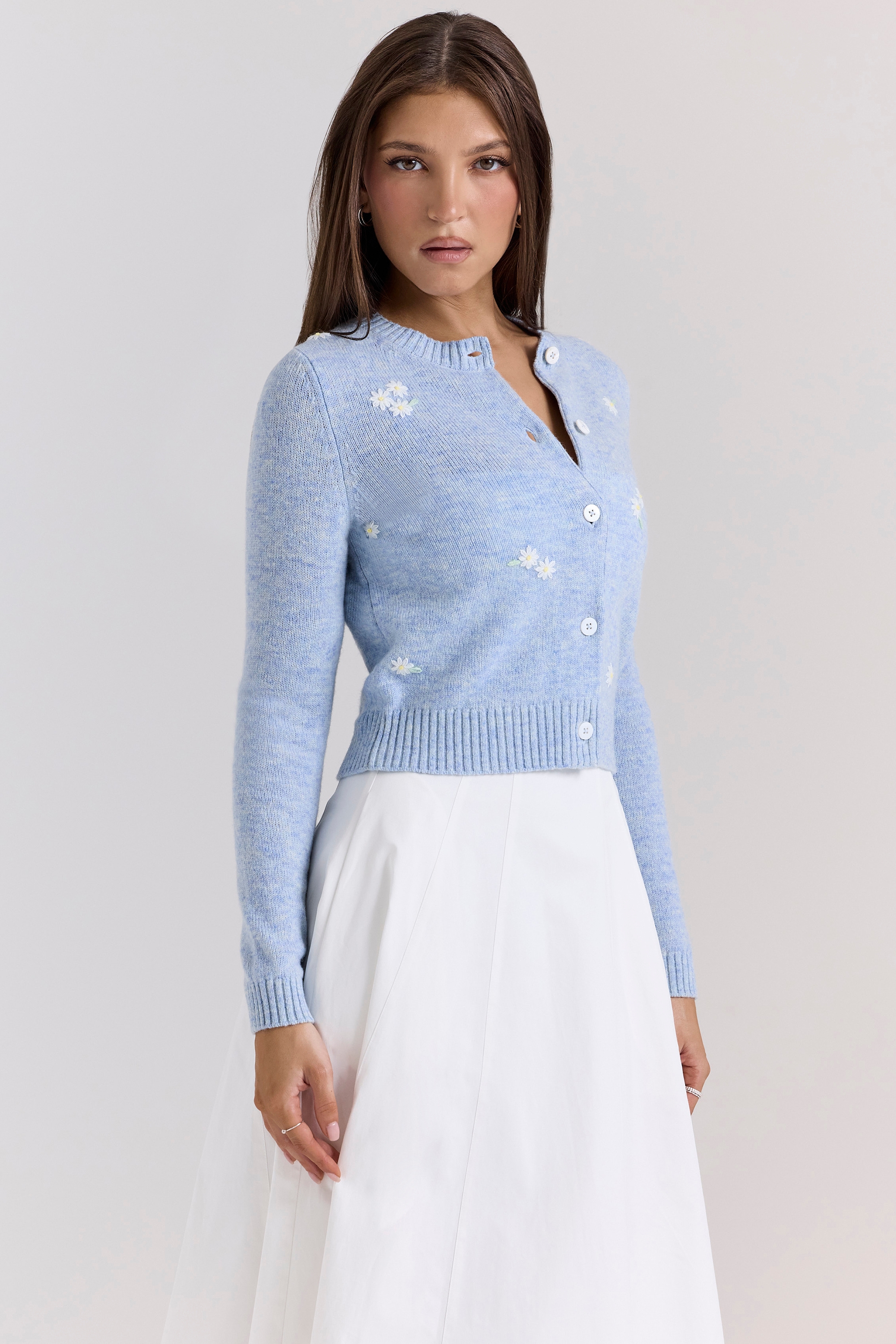 Atheia-Blue Lambswool Floral Embroidered Cardigan