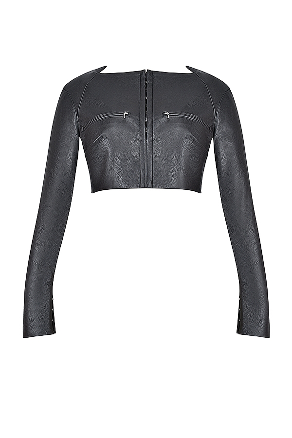 Ione-Black Vegan Leather Cropped Top