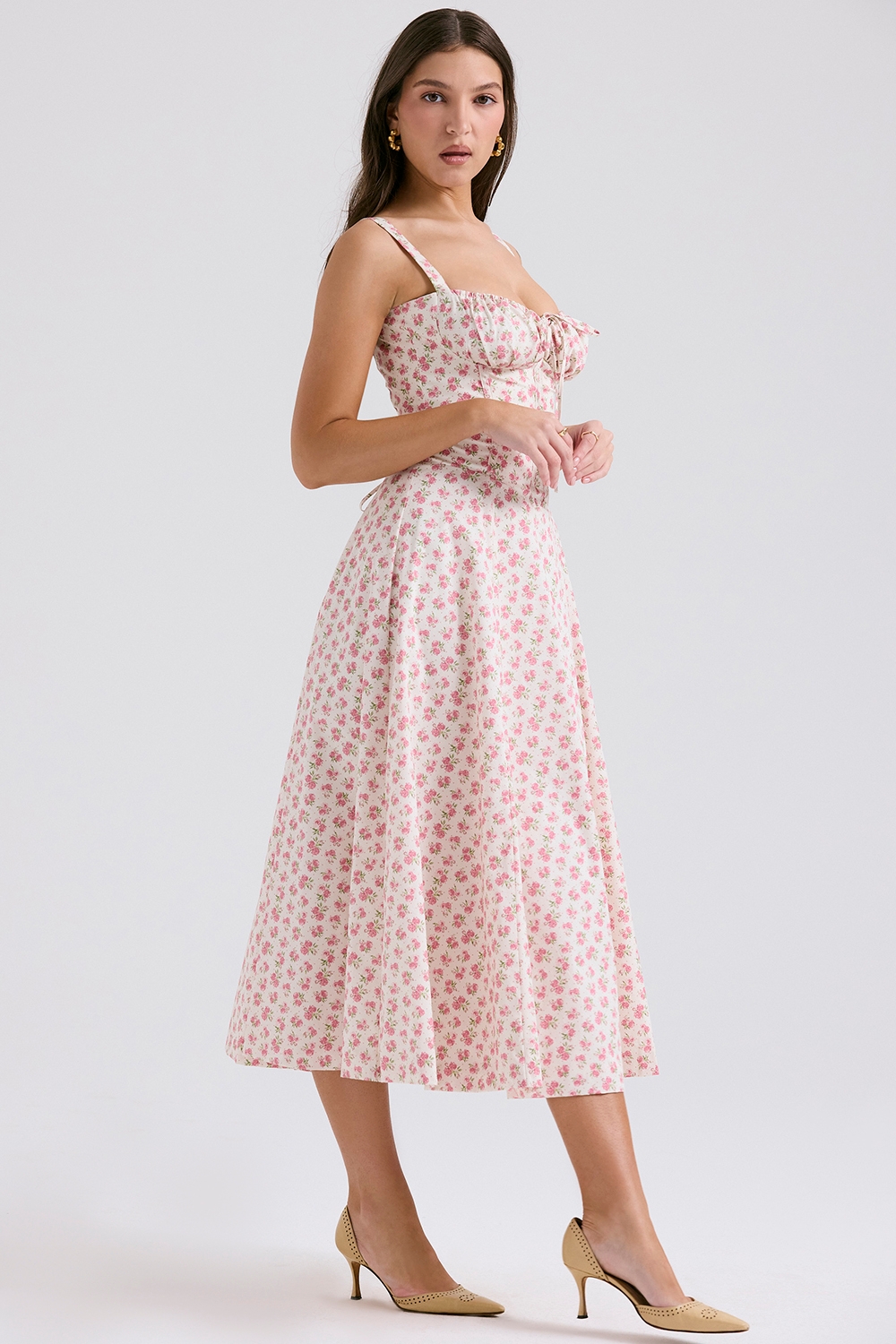 Carmen-White Rosebud Print Cotton Bustier Sundress