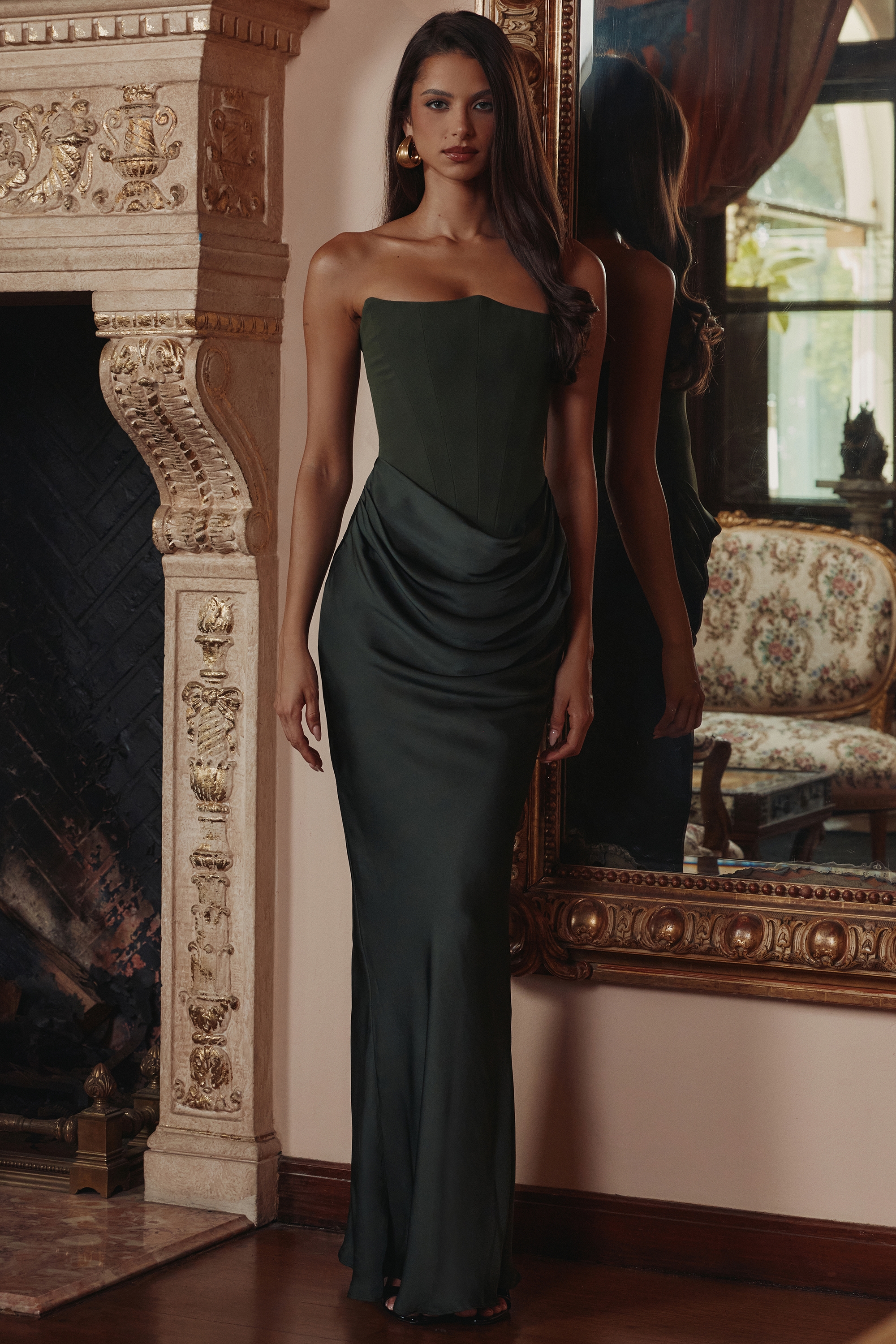 Persephone-Emerald Green Crepe Strapless Corset Maxi Dress