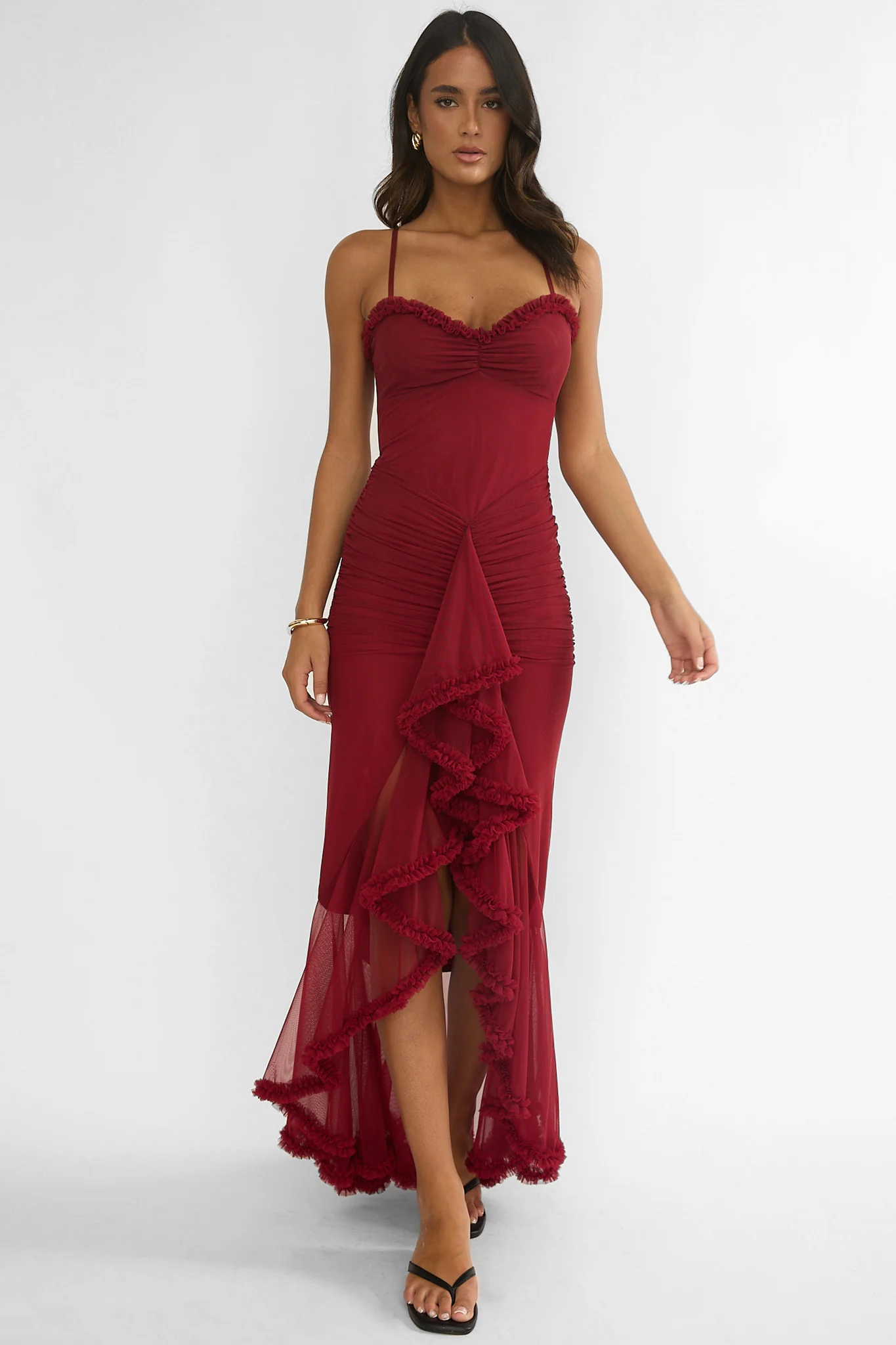 Noelia Gathered Waist Frill Trim Maxi Dres Wine