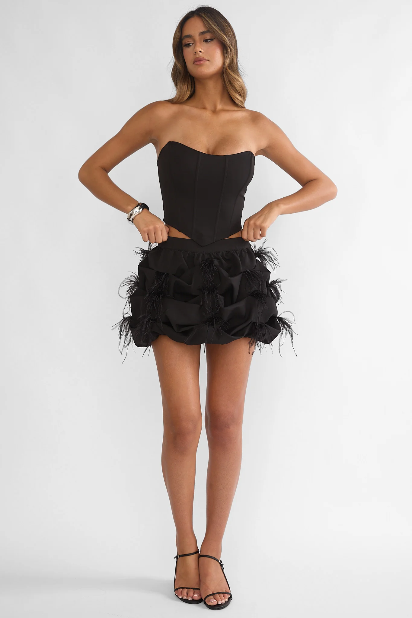Alyra Feather Puff Mini Skirt Black