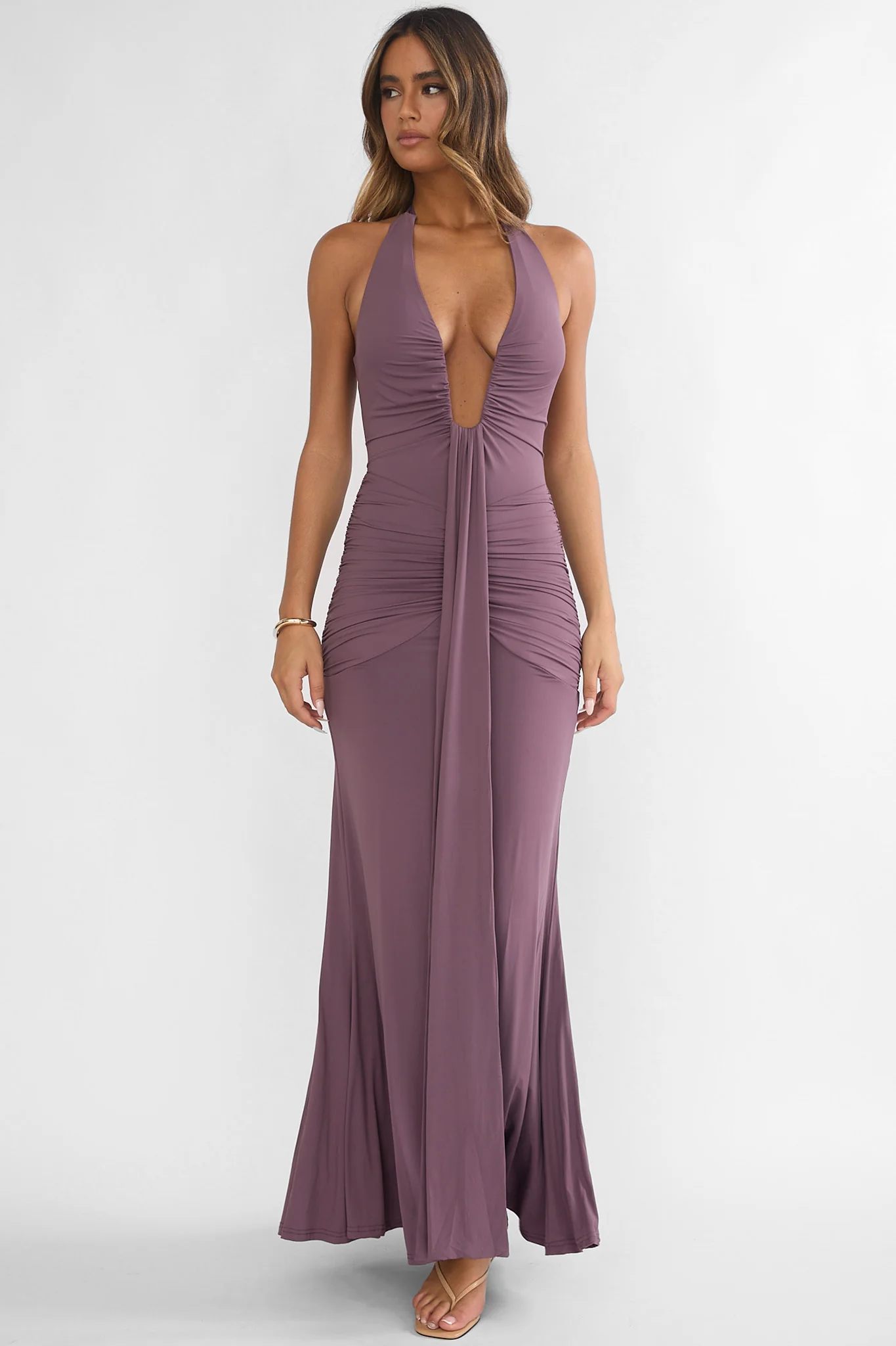 Brienna Halter Ruched Maxi Dress Mauve