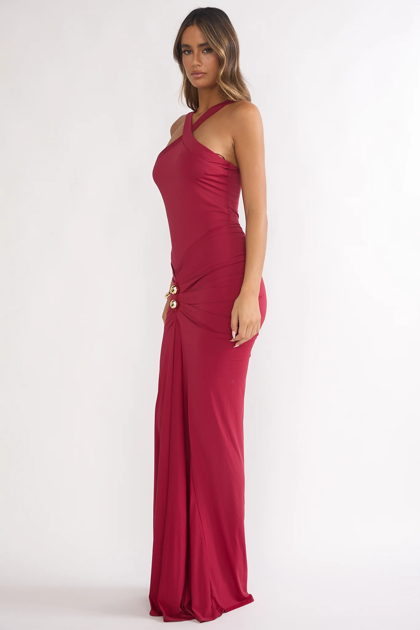 Delaina Ruched Waist Gold Accent Maxi Dress Wine