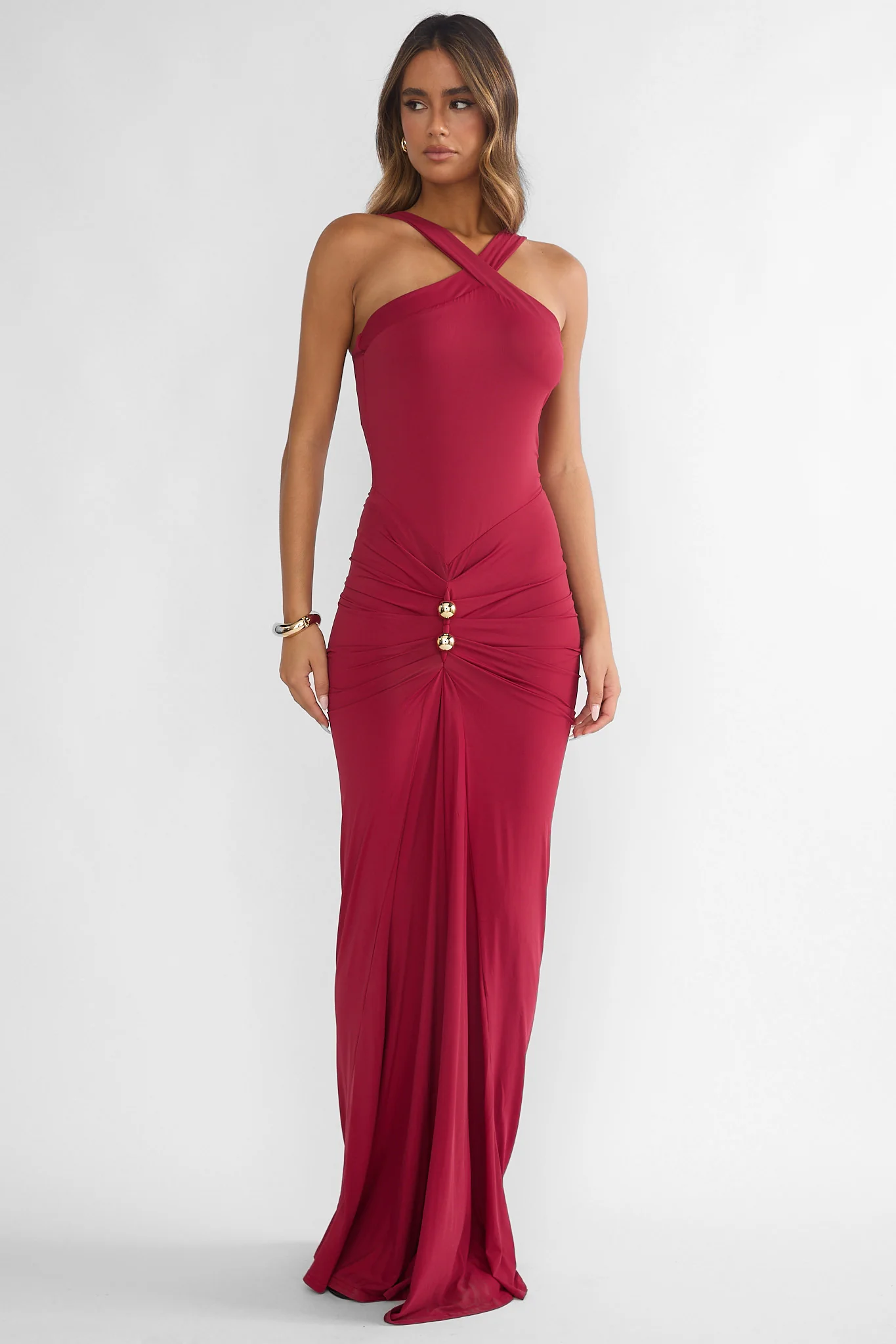 Delaina Ruched Waist Gold Accent Maxi Dress Wine