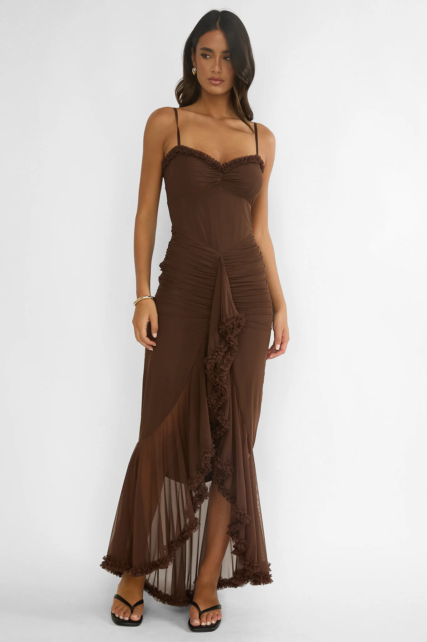 Noelia Gathered Waist Frill Trim Maxi Dres Chocolate