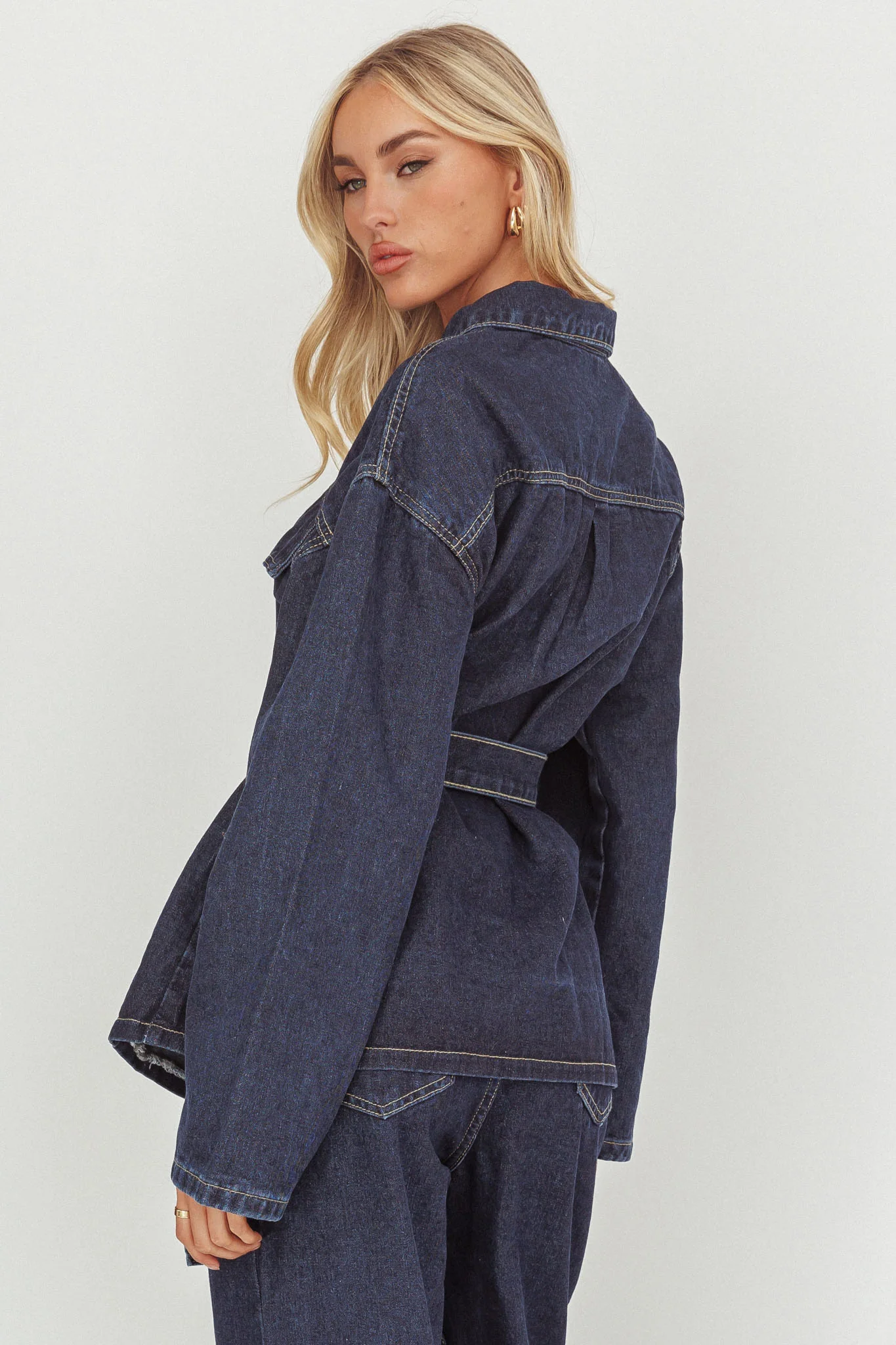 Belisse Waist Tie Button Jacket Denim Blue