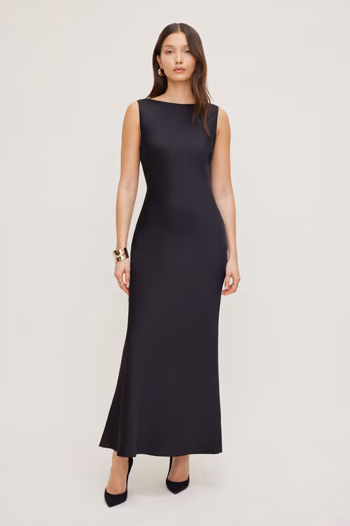 Nora Satin Maxi Slip Dress-Black