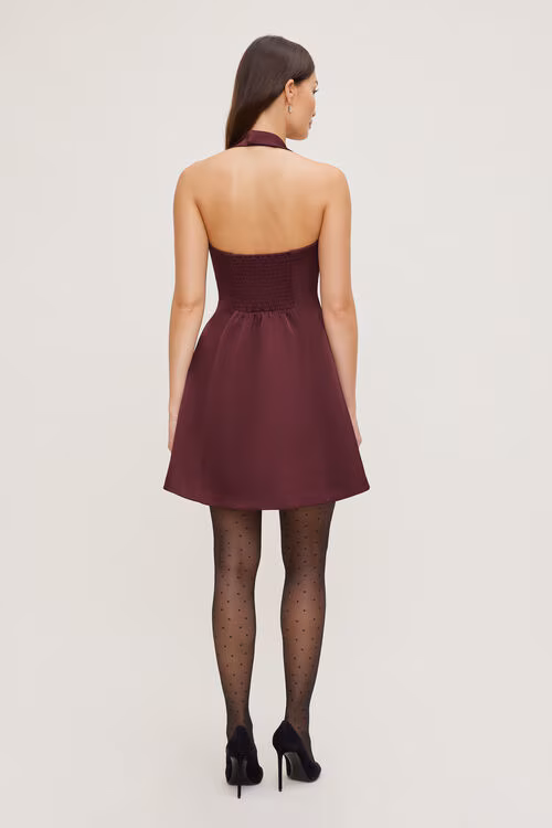 Amaya Satin Halter Mini Dress-Zinfandel Burgundy