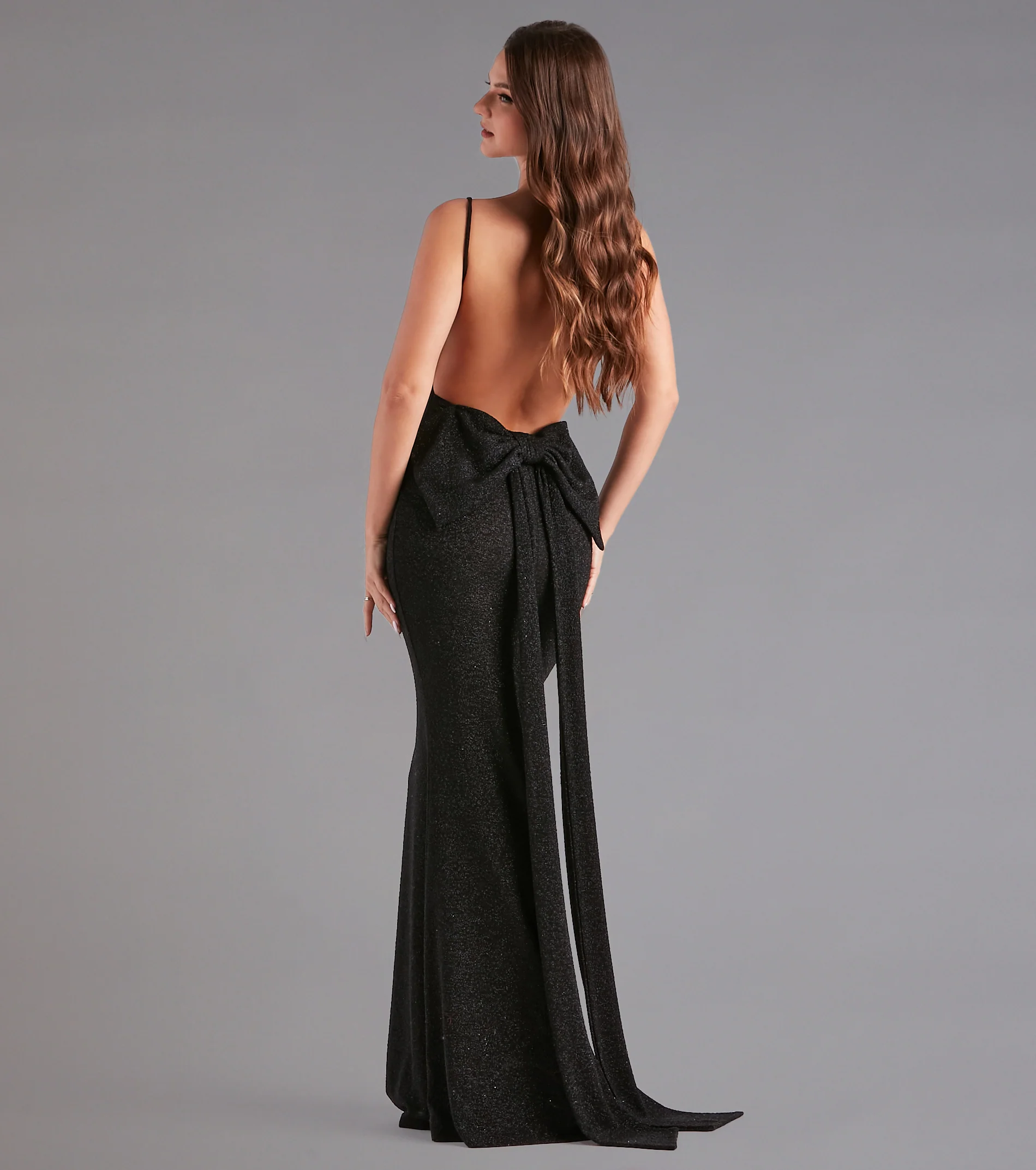 Gwendolyn Glitter Knit Bow-Back Mermaid Dress- BLACK