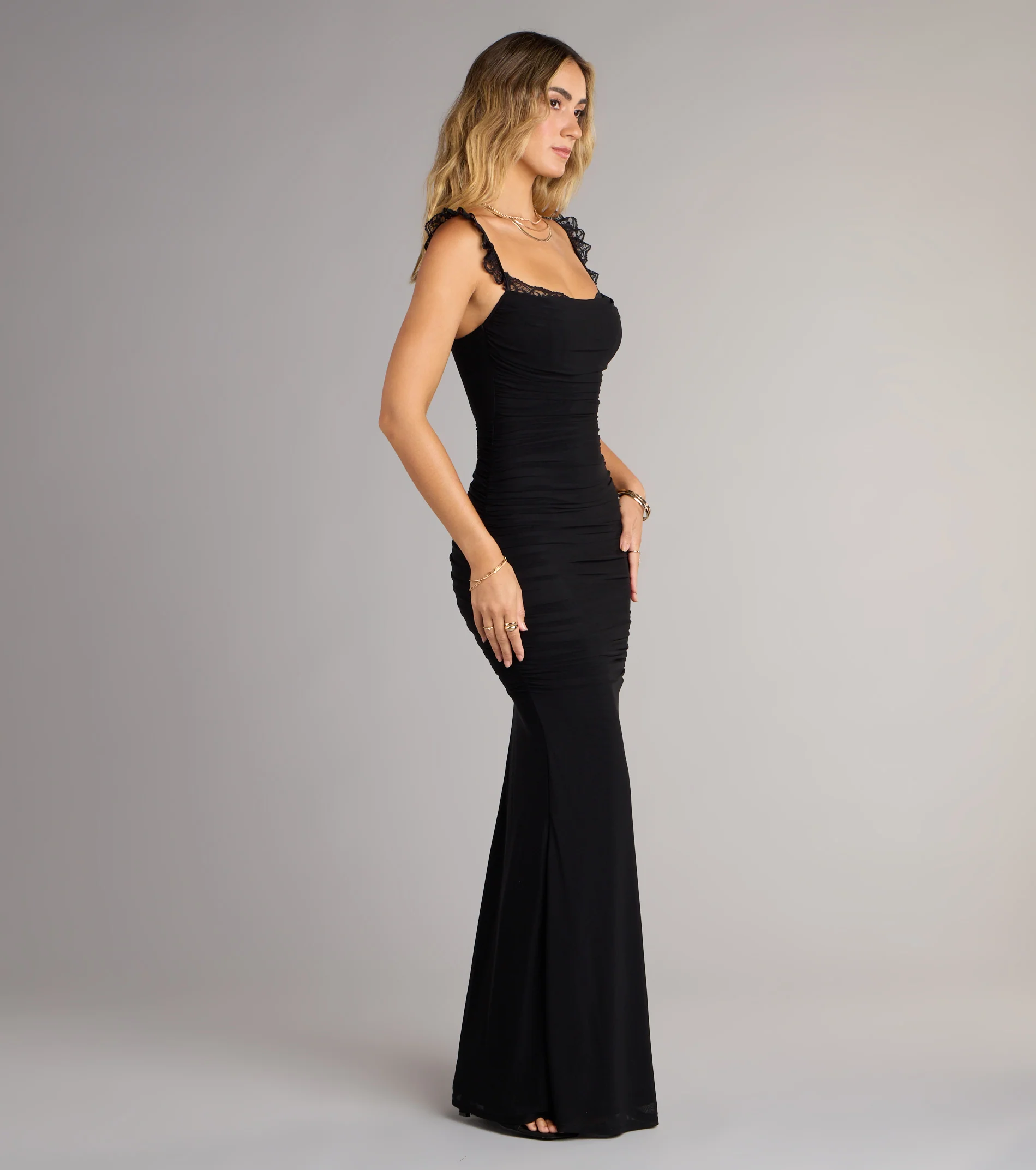 Morgana Lace-Up Ruched Mermaid Dress-BLACK