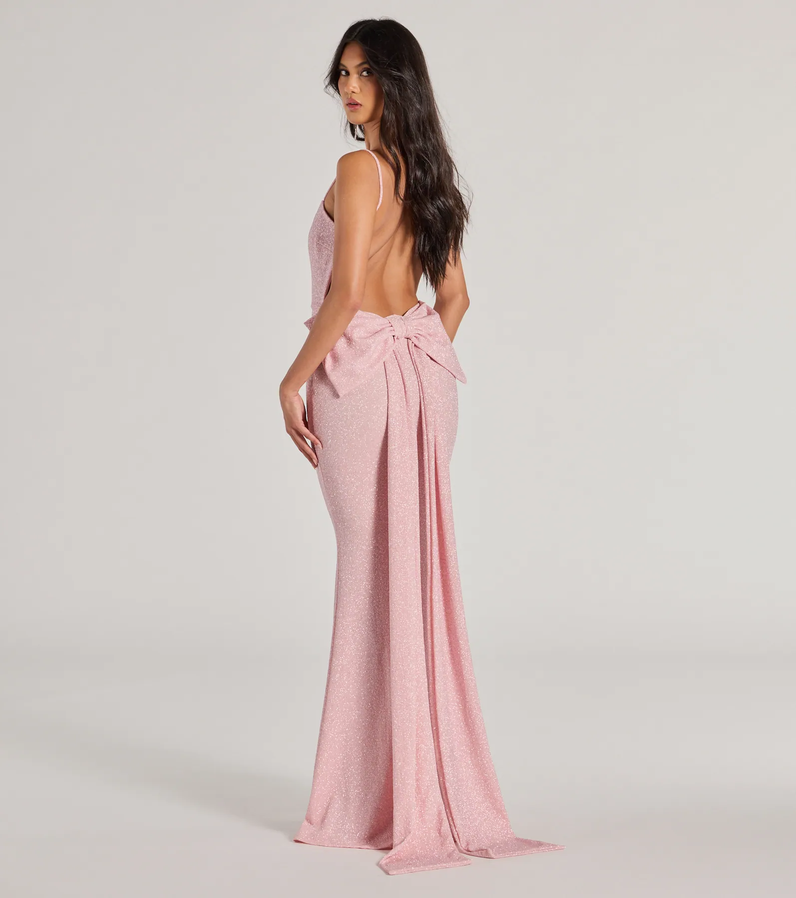 Gwendolyn Glitter Knit Bow-Back Mermaid Dress- PINK