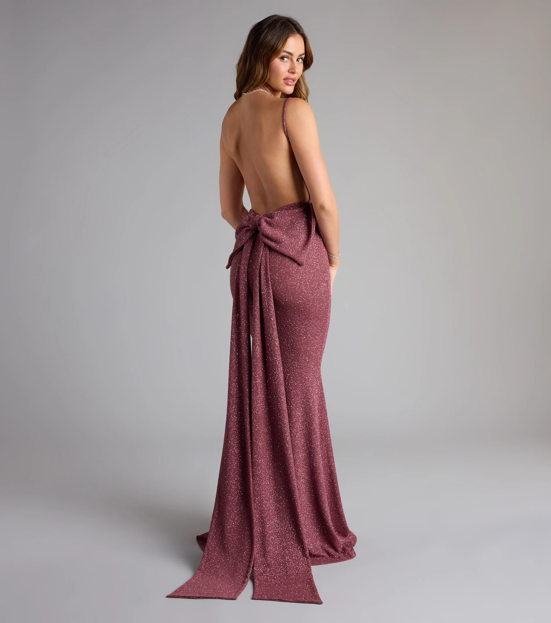 Gwendolyn Glitter Knit Bow-Back Mermaid Dress- MAUVE