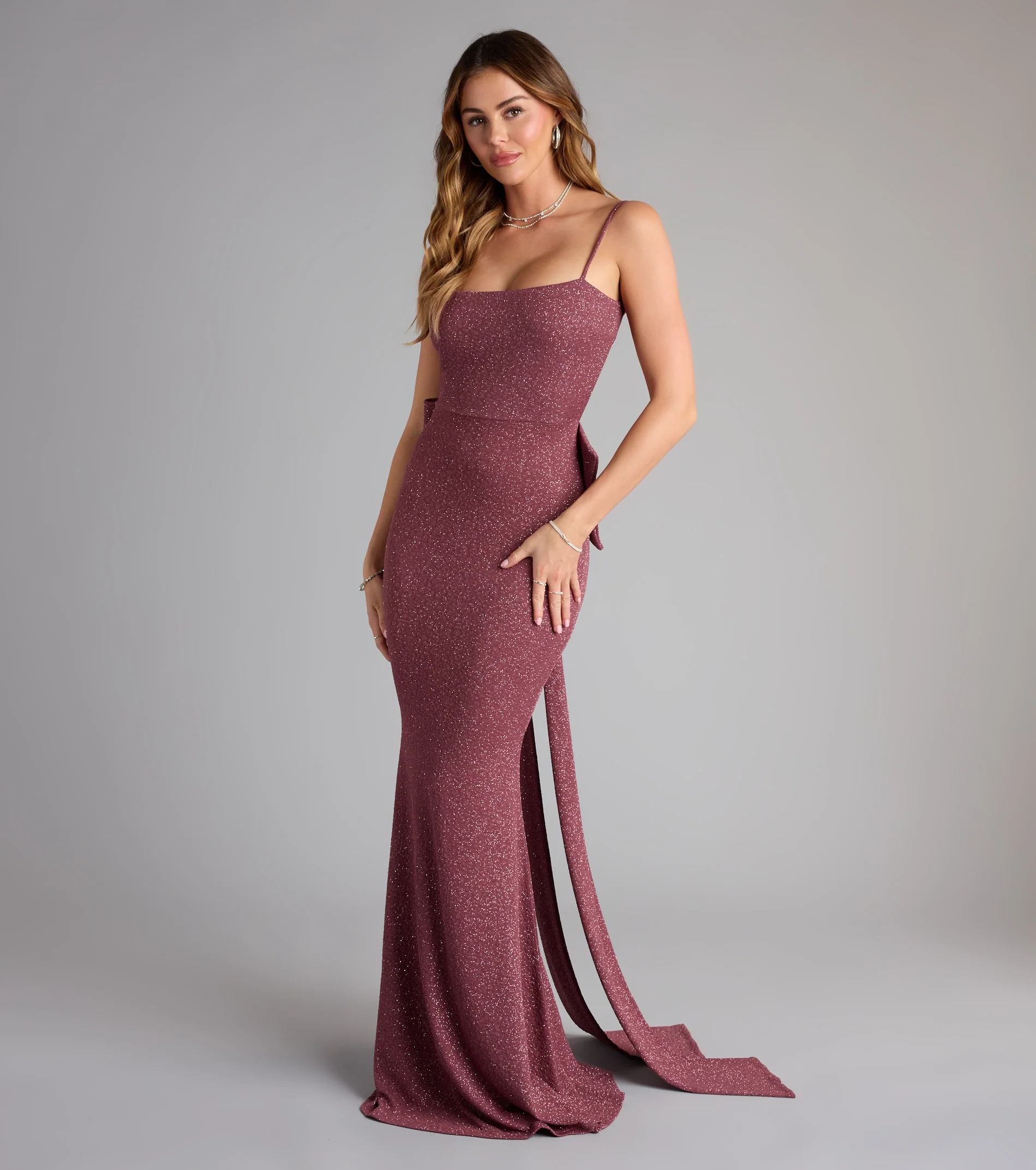 Gwendolyn Glitter Knit Bow-Back Mermaid Dress- MAUVE