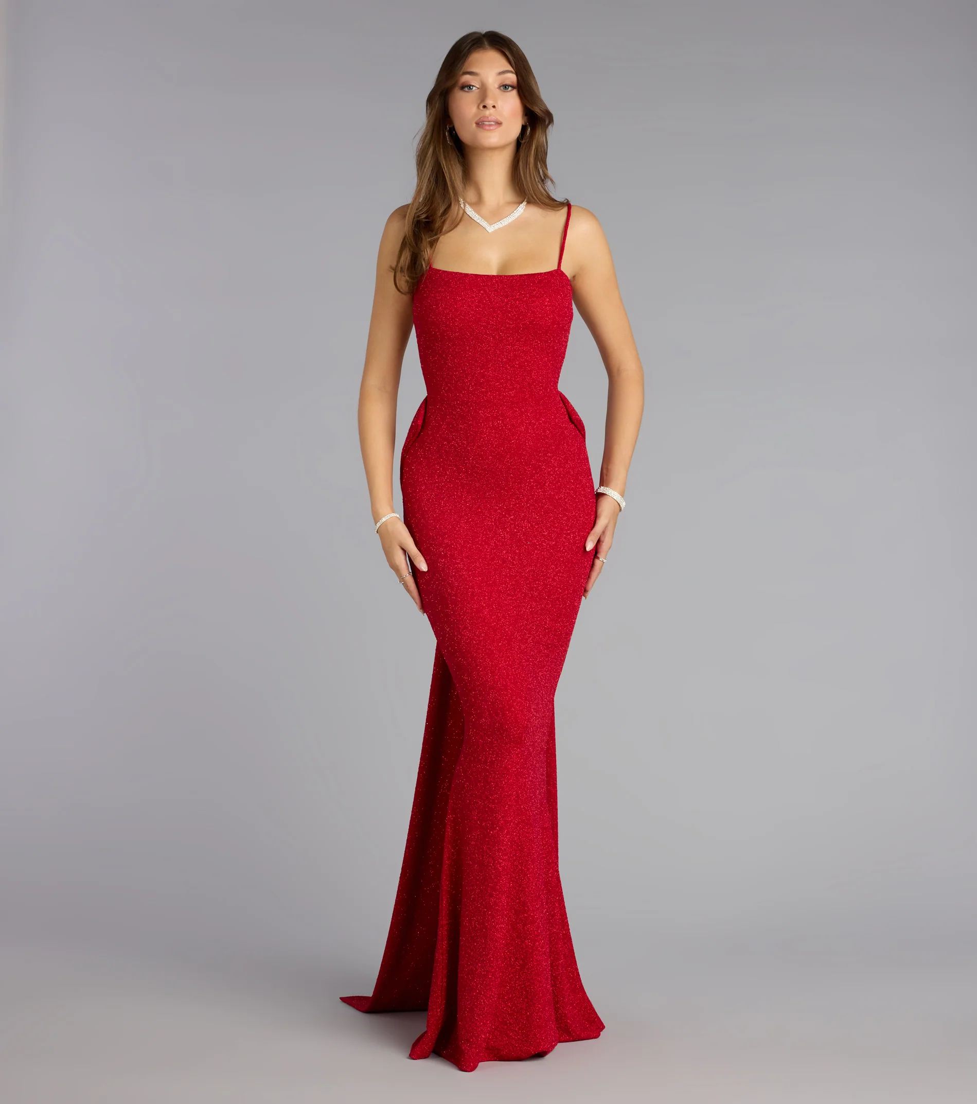 Gwendolyn Glitter Knit Bow-Back Mermaid Dress-RED