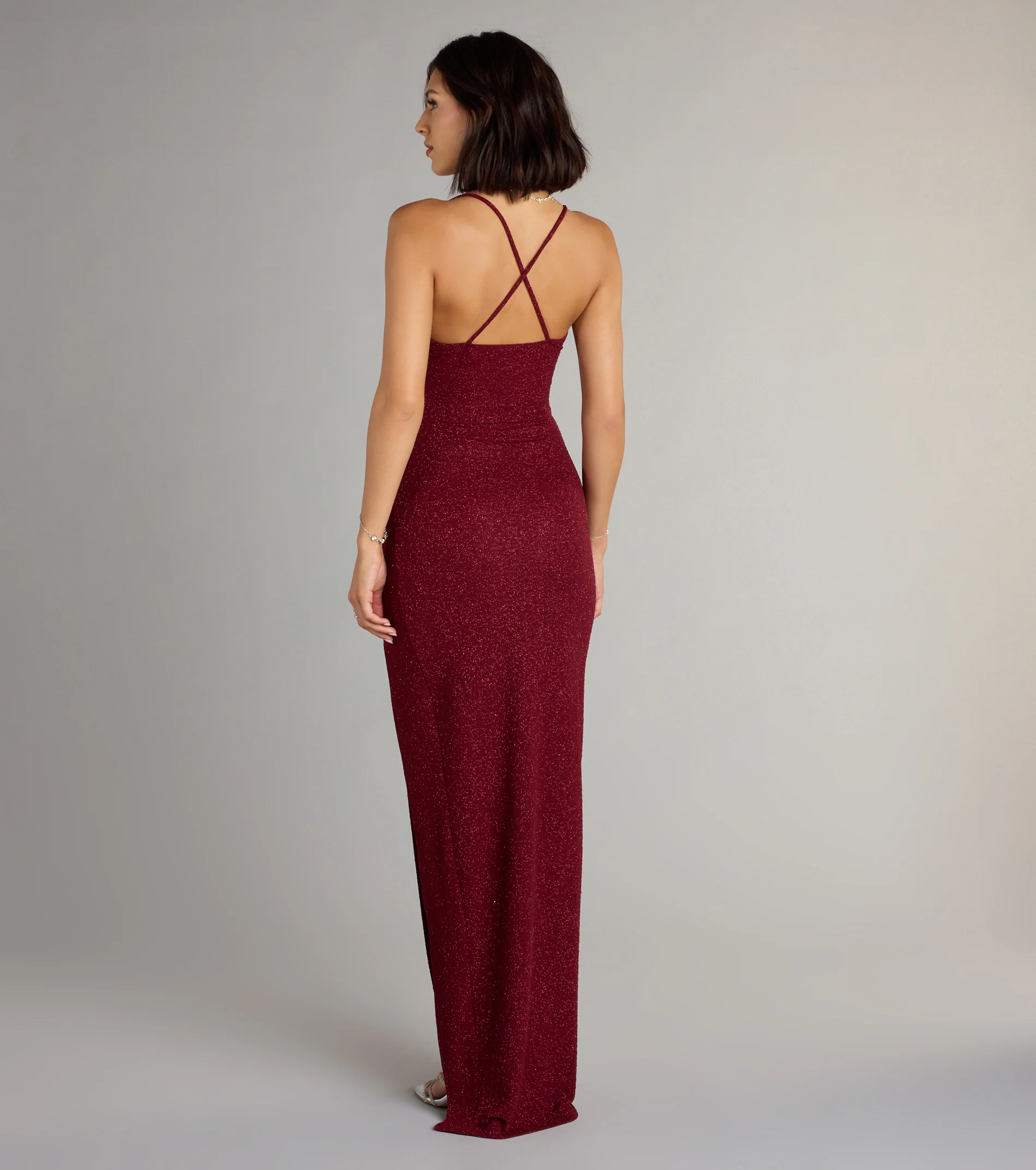 Amirah Formal Glitter Cowl Neck Column Dress-BURGUNDY