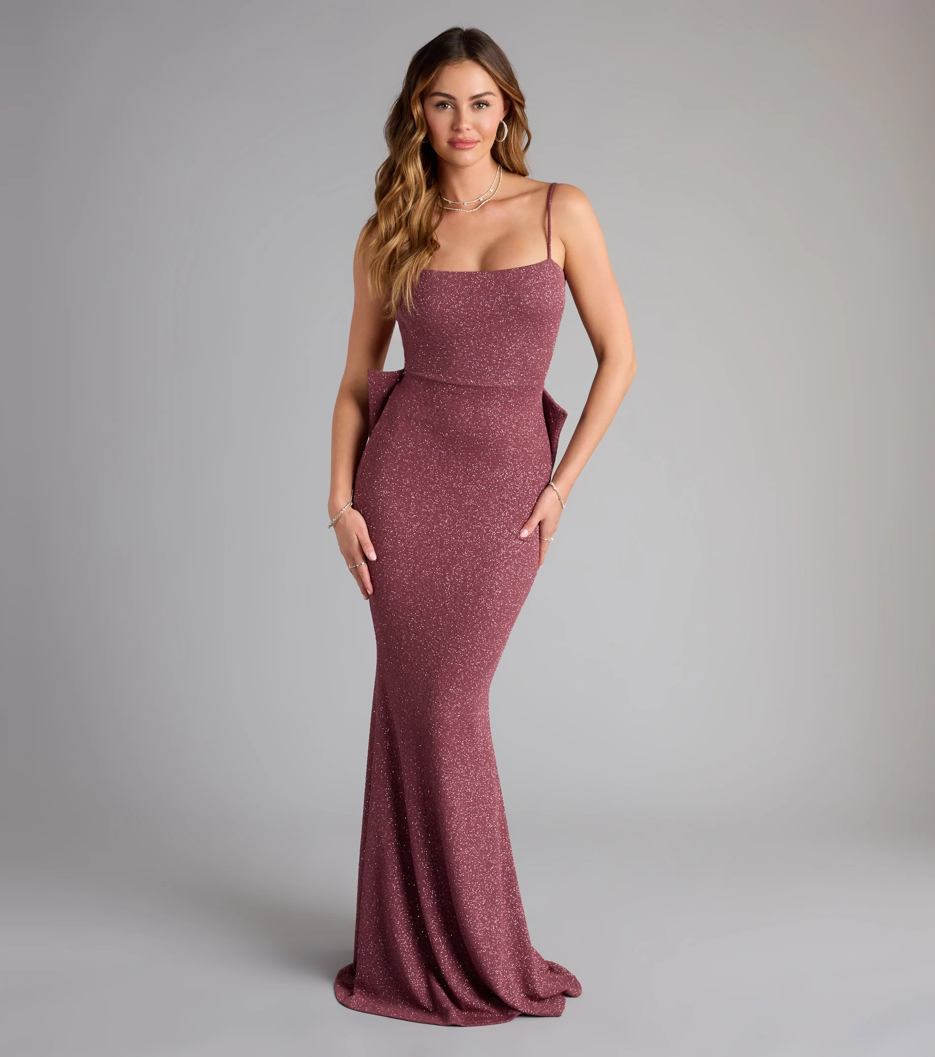Gwendolyn Glitter Knit Bow-Back Mermaid Dress- MAUVE
