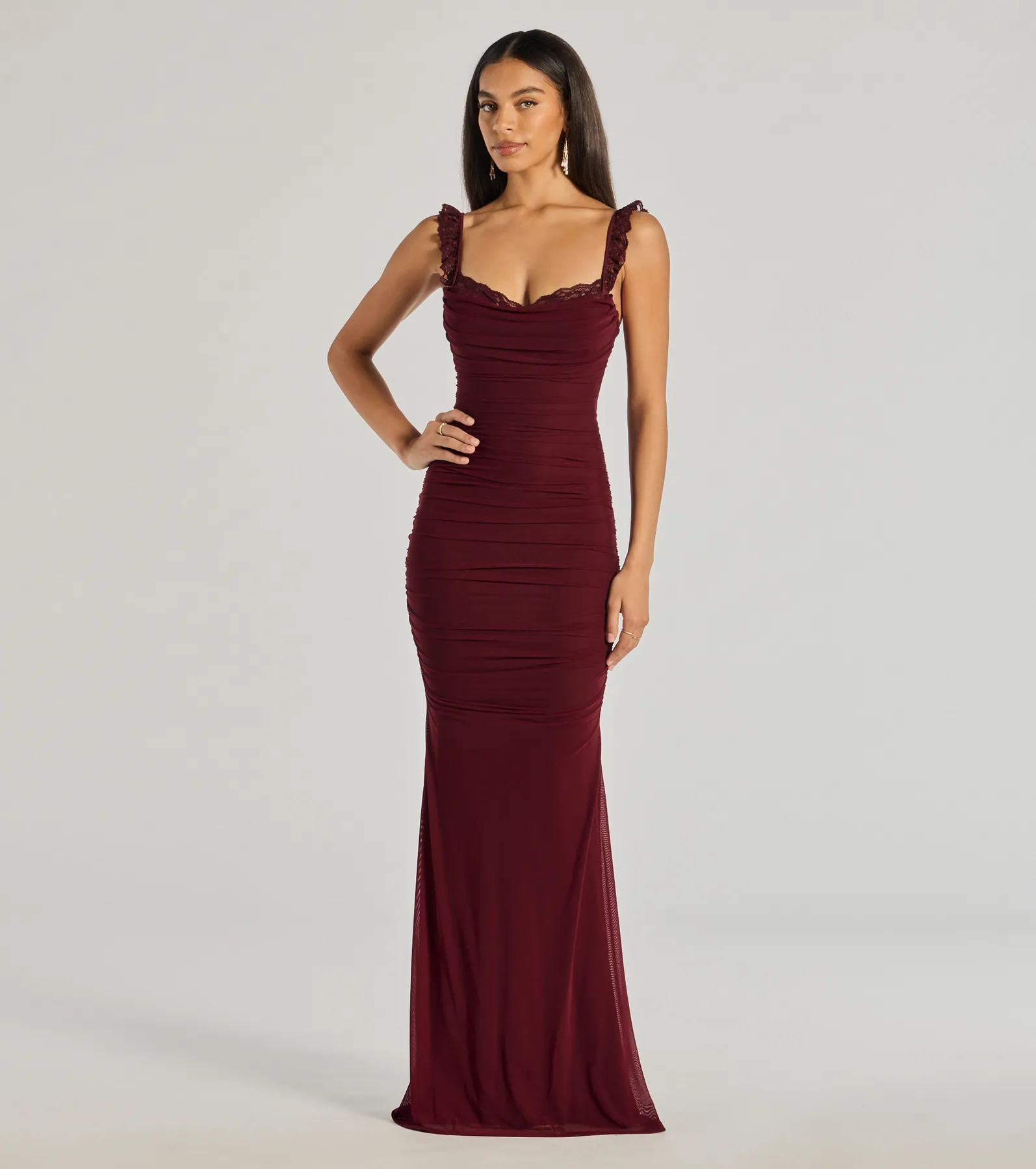 Morgana Lace-Up Ruched Mermaid Dress-BURGUNDY