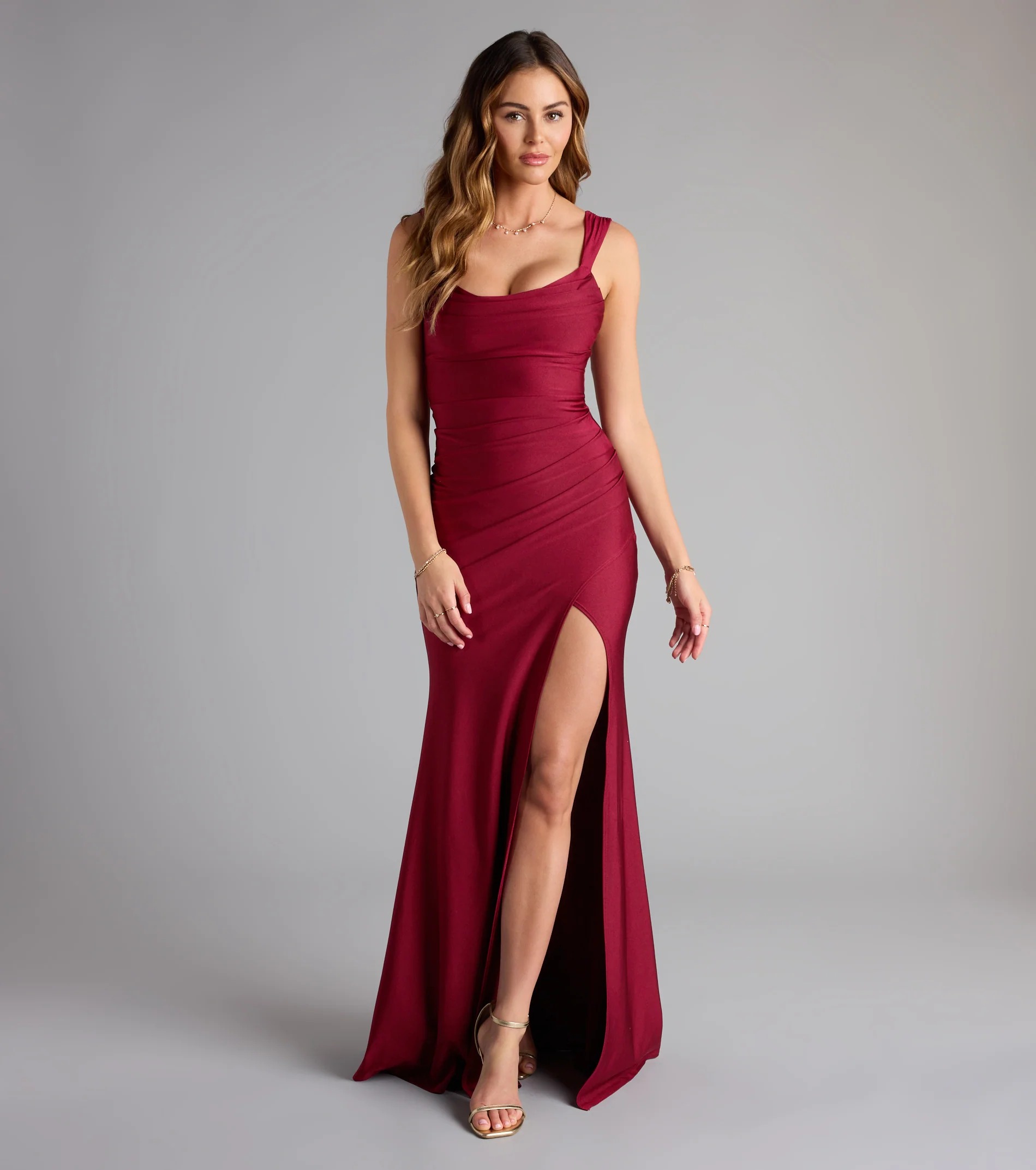 Kaitlin Low Back Slit Mermaid Formal Dress-BURGUNDY