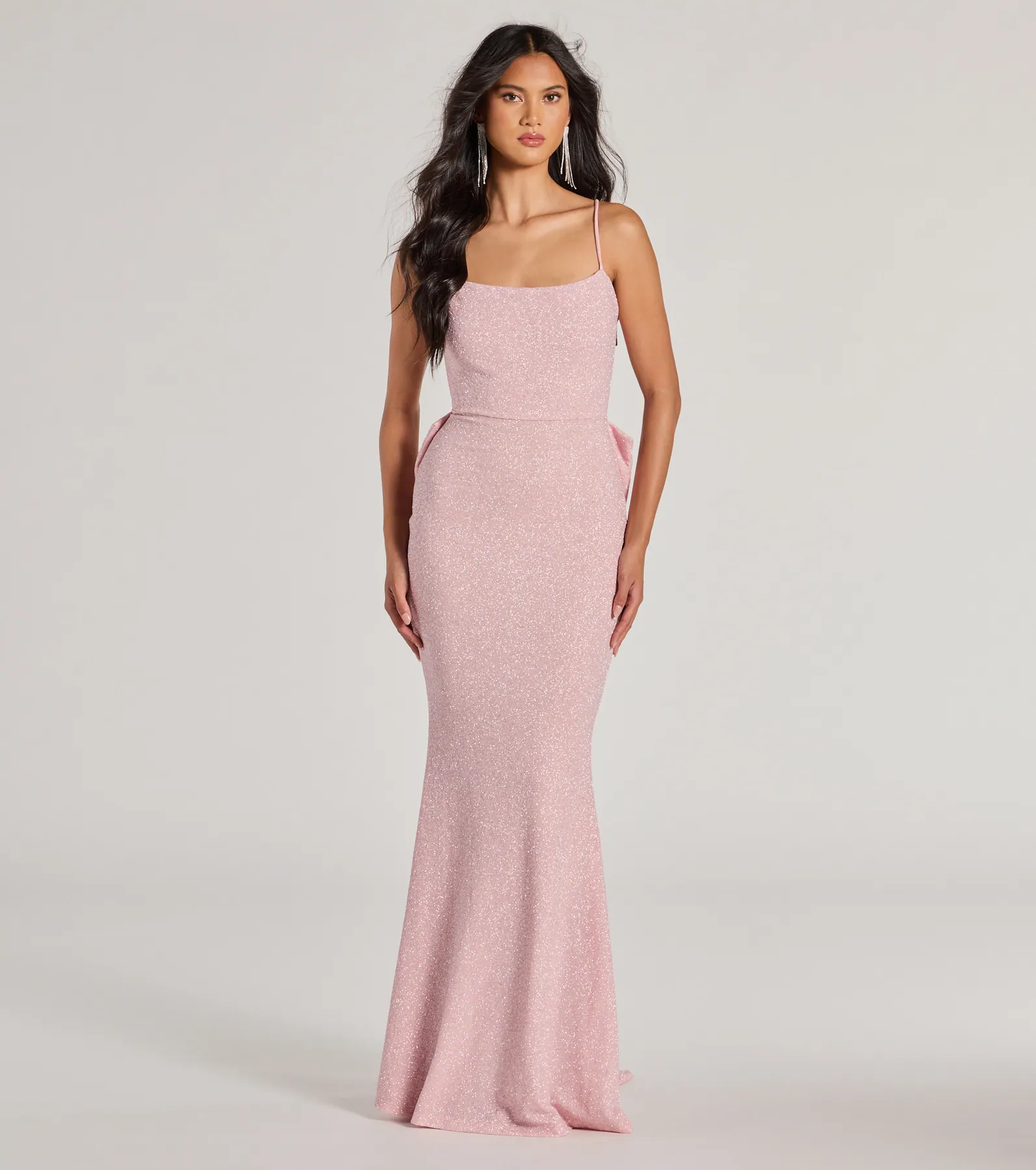 Gwendolyn Glitter Knit Bow-Back Mermaid Dress- PINK