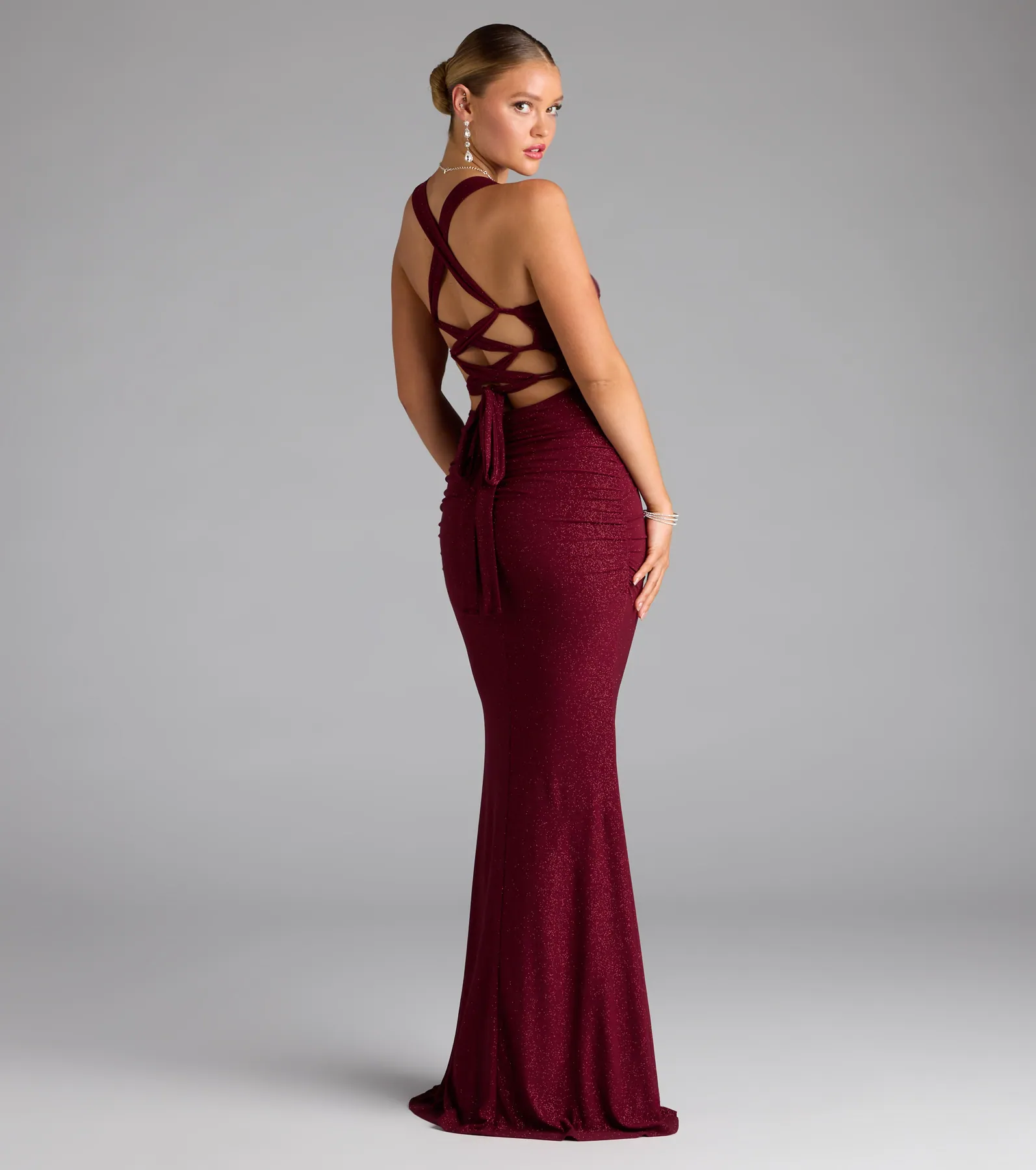 复制Tatiana Lace-Up Mermaid Glitter Formal Dress-Wine